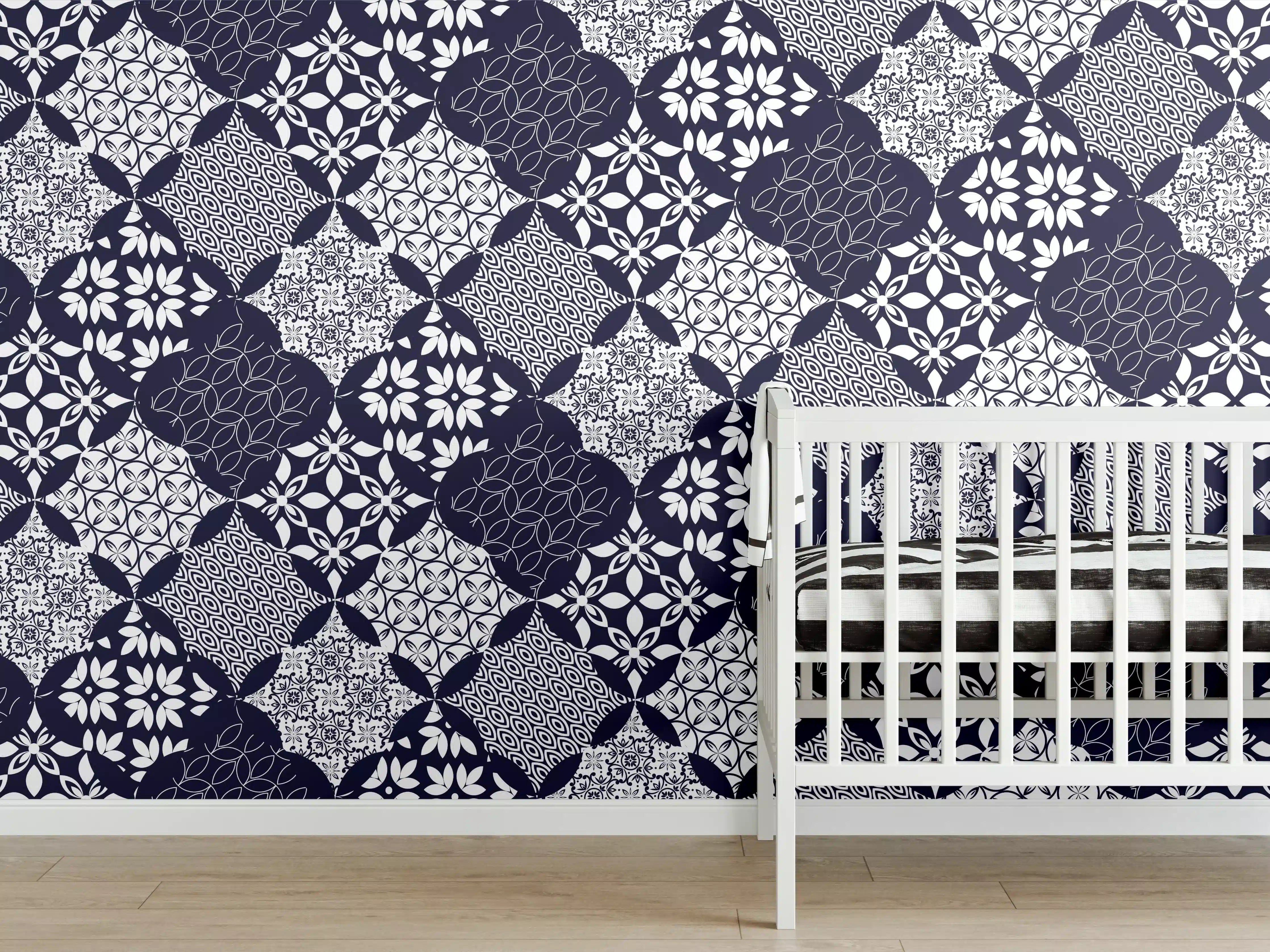 Babyzimmer Wandgestaltung - Elegantes Blau-Weiß-Grau Muster