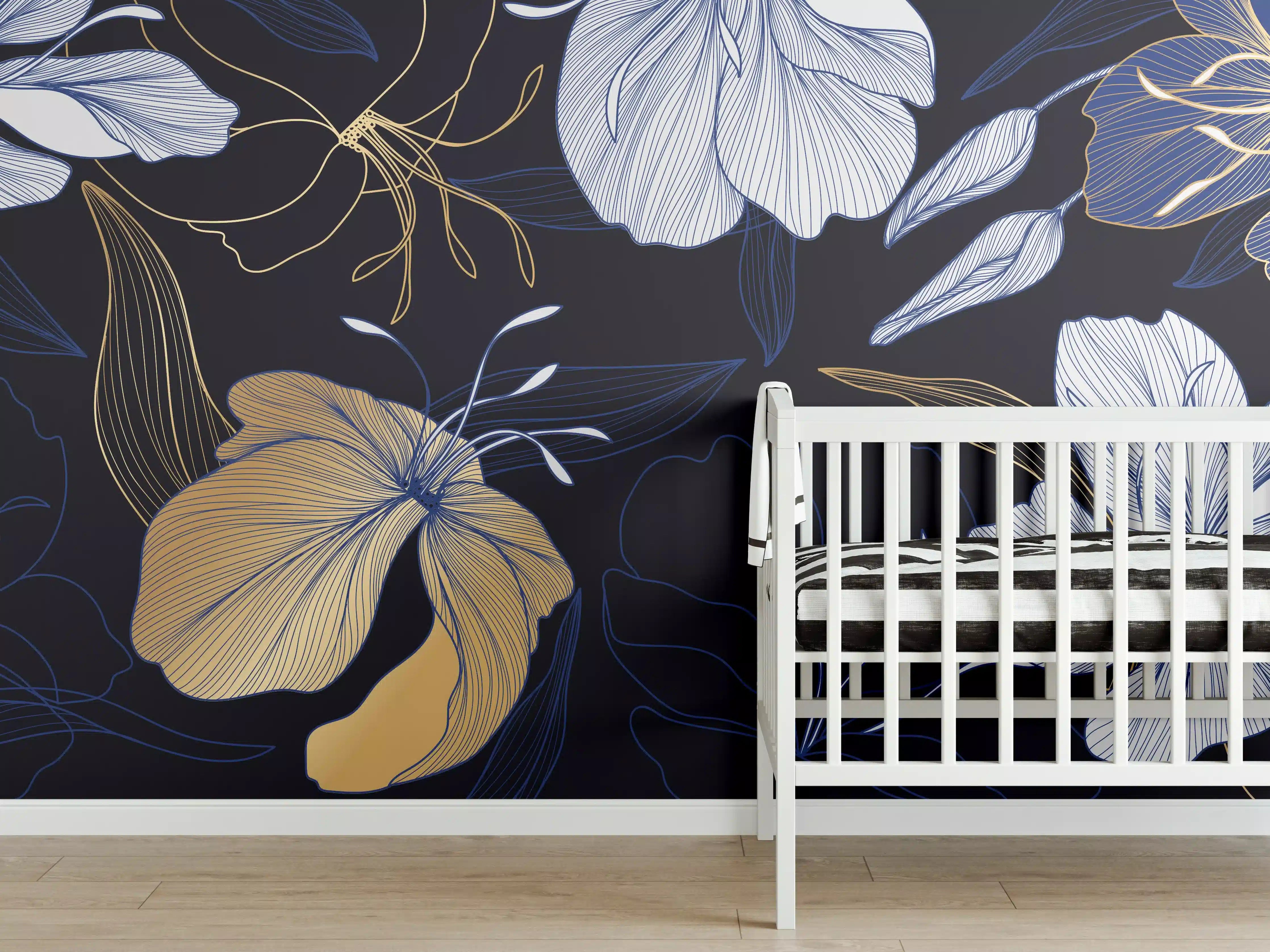 Babyzimmer Wandgestaltung - Elegantes Blumen-Muster Dunkelblau
