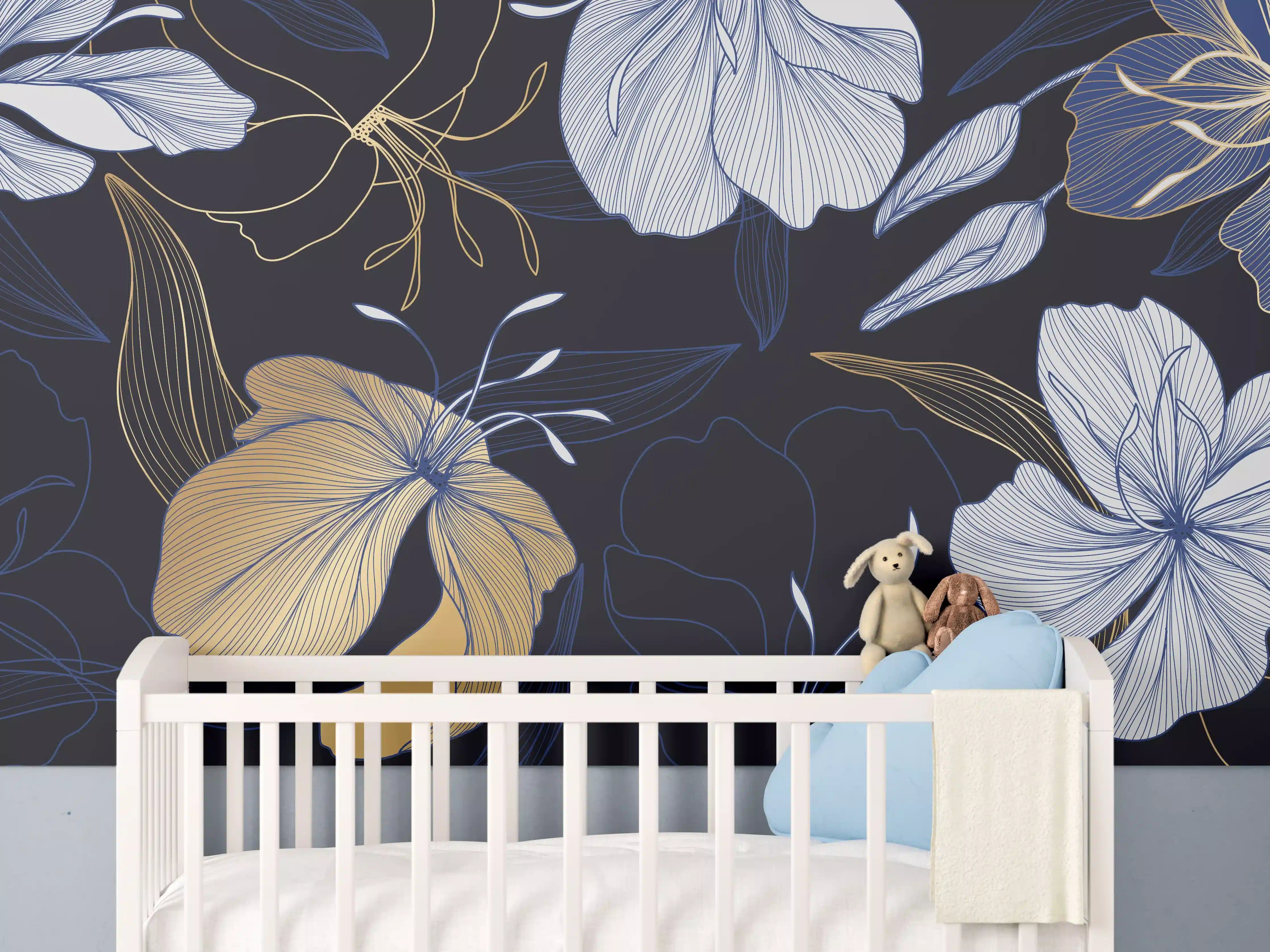 Babyzimmer Wandgestaltung - Elegantes Blumen-Muster Dunkelblau