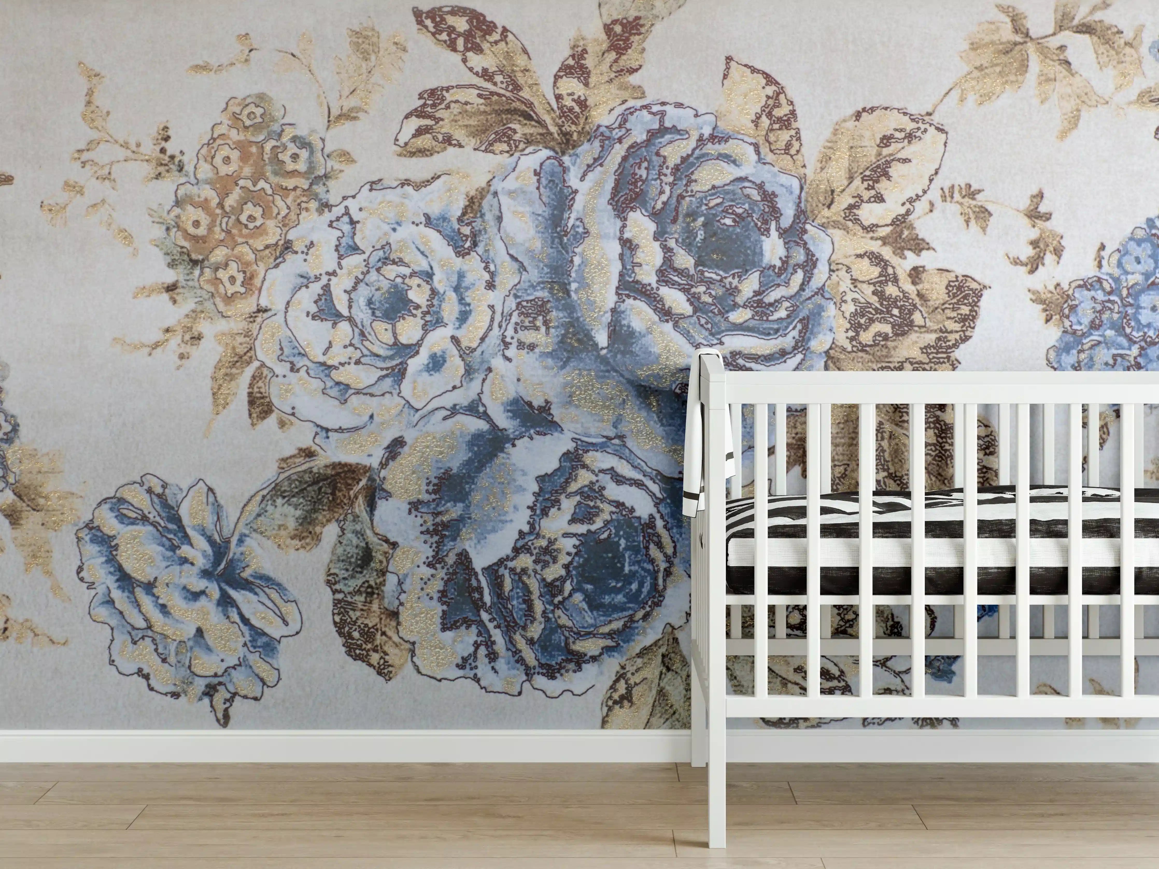 Babyzimmer Wandgestaltung - Elegantes Blumenmuster in Blau und Beige