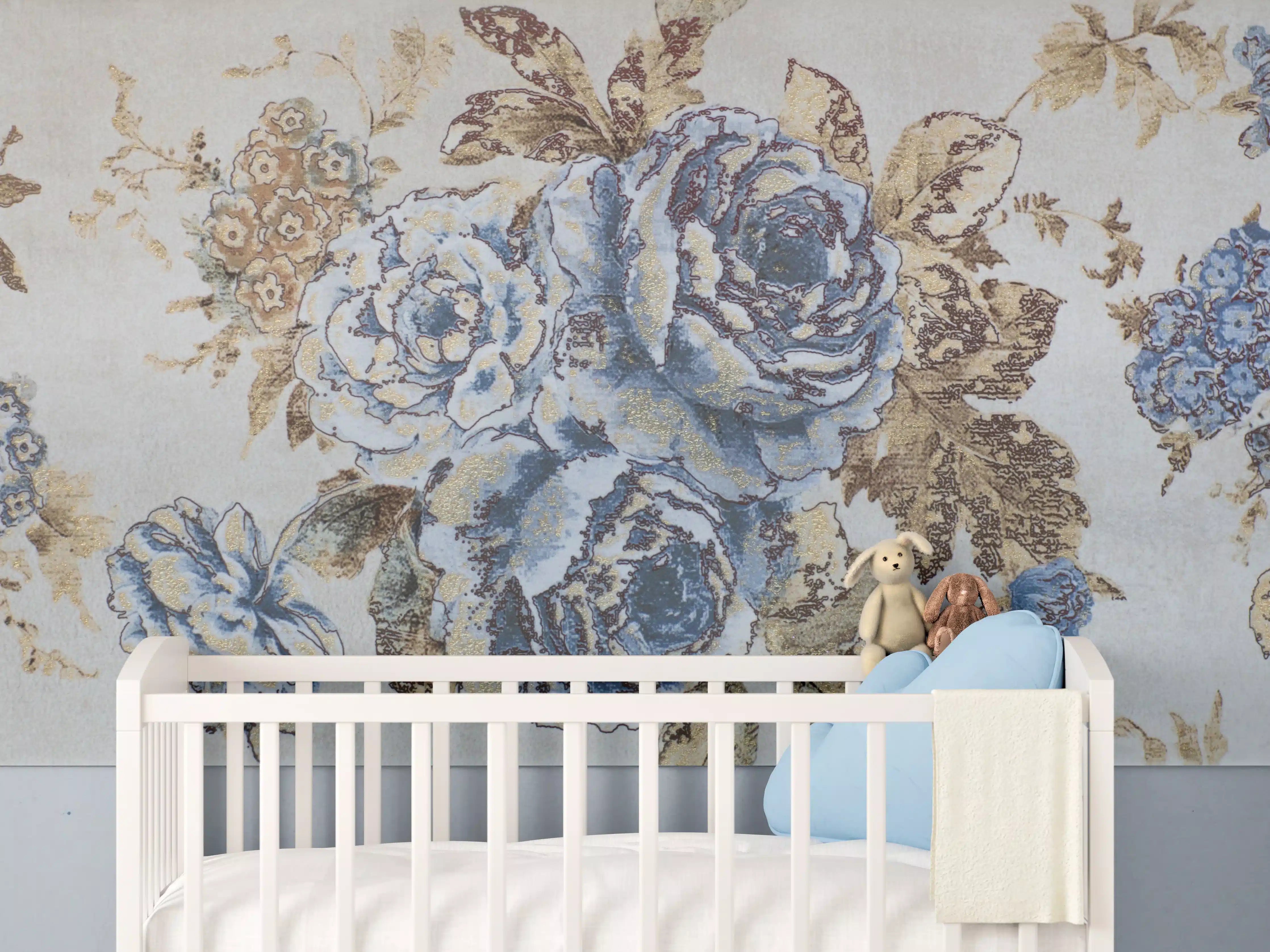 Babyzimmer Wandgestaltung - Elegantes Blumenmuster in Blau und Beige