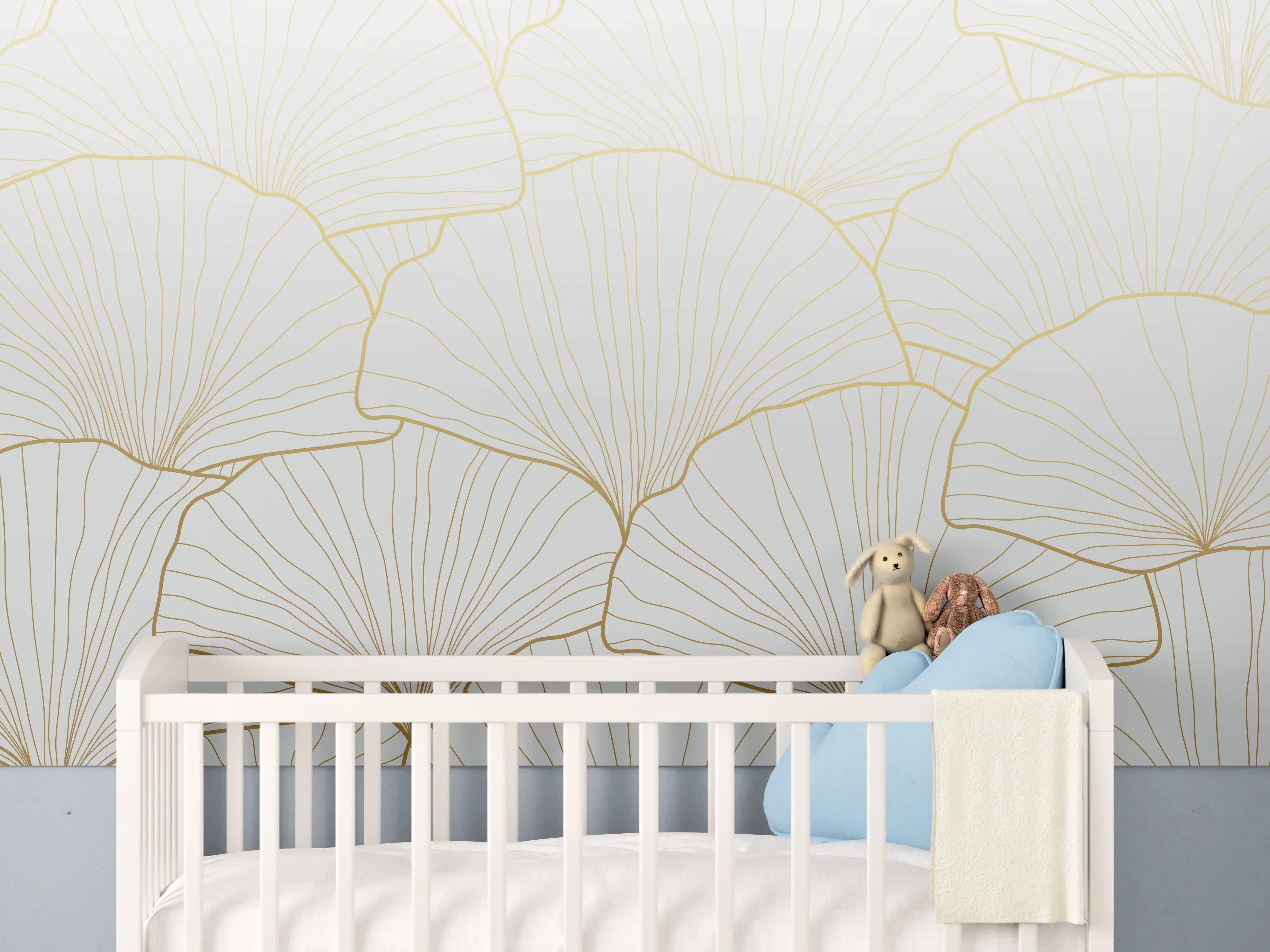 Babyzimmer Wandgestaltung - Elegantes Ginkgo-Blatt Design Weiß-Gold