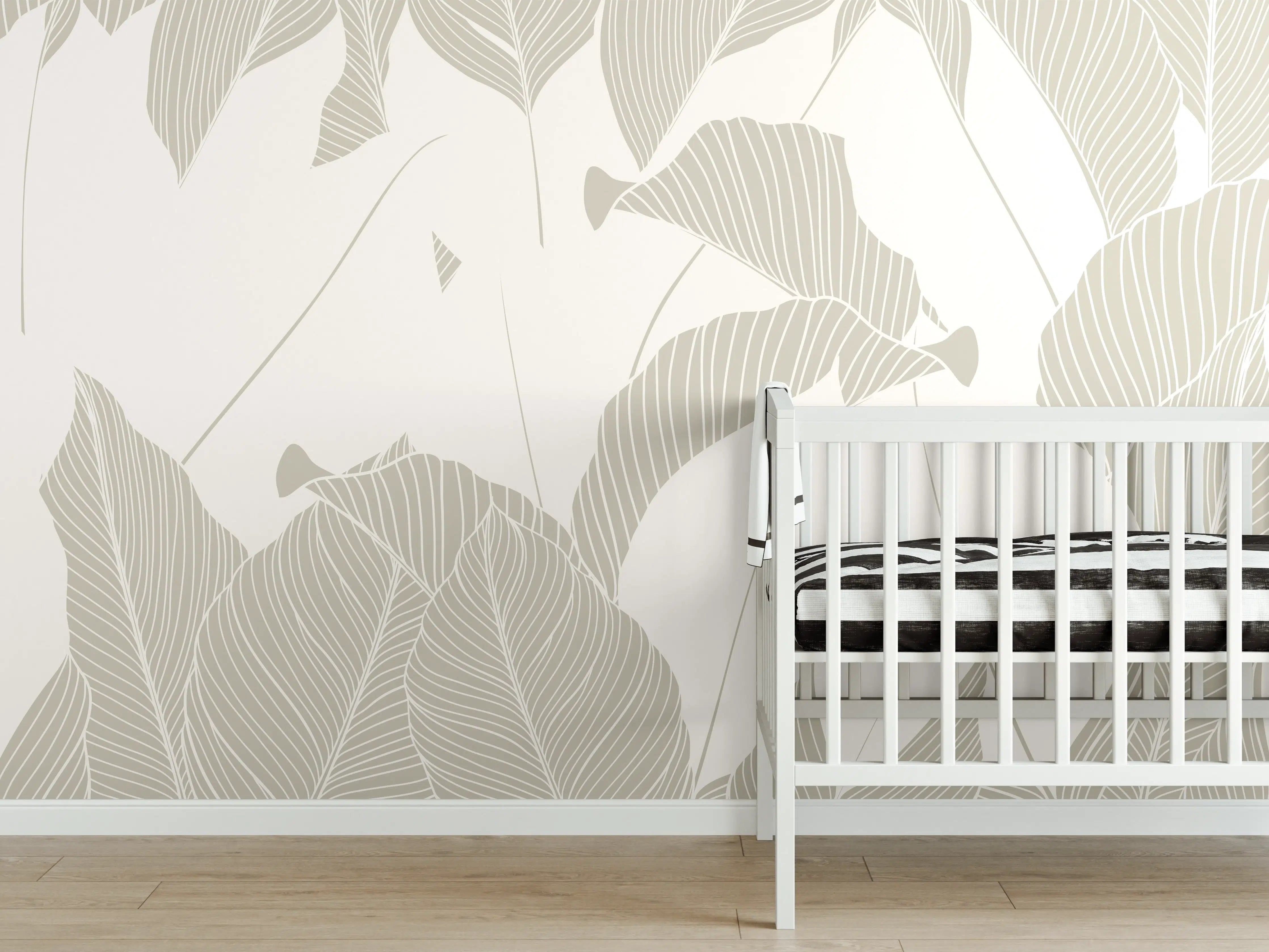 Babyzimmer Wandgestaltung - Elegantes Grau-Weiß Blattmuster