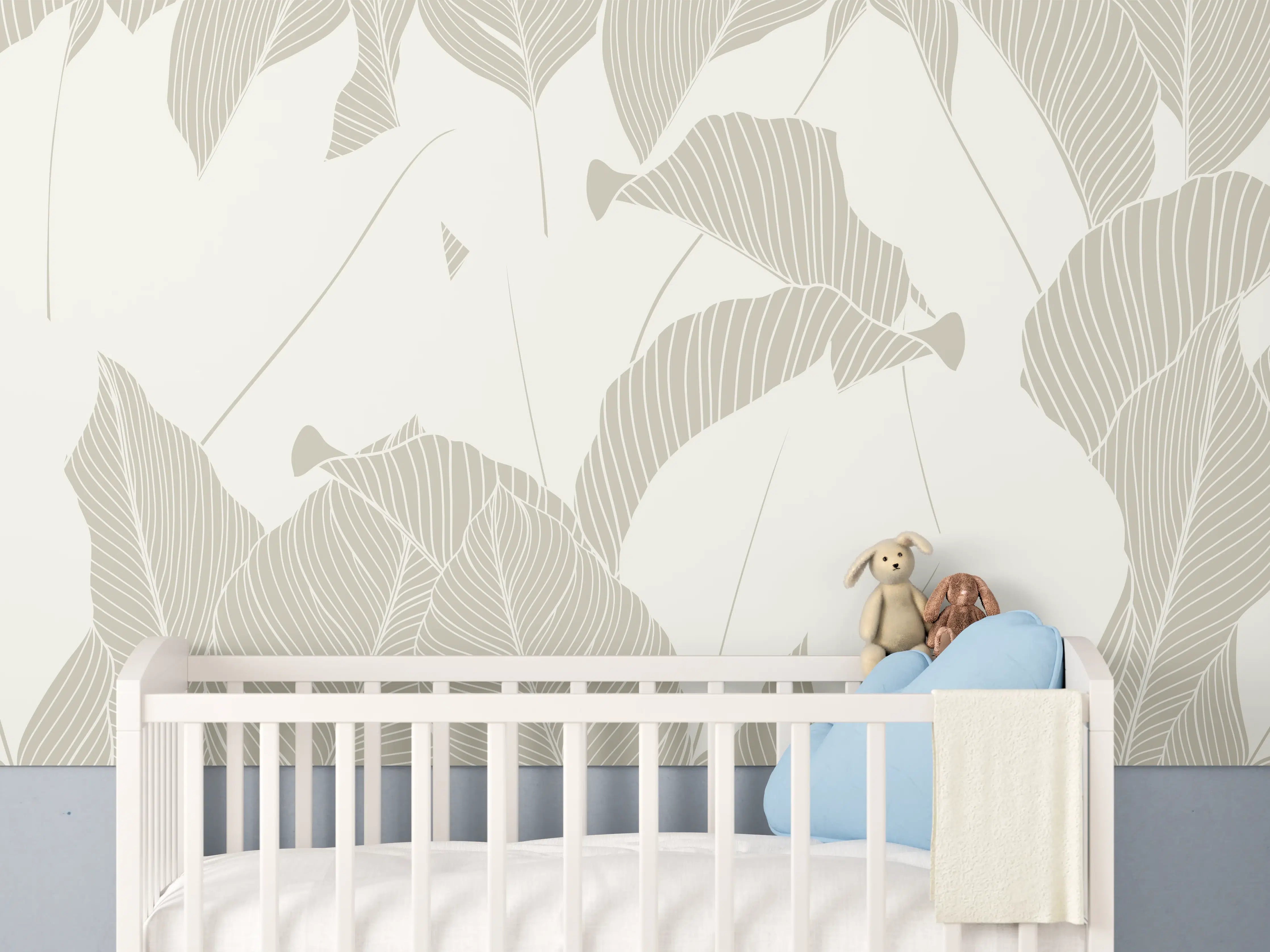 Babyzimmer Wandgestaltung - Elegantes Grau-Weiß Blattmuster