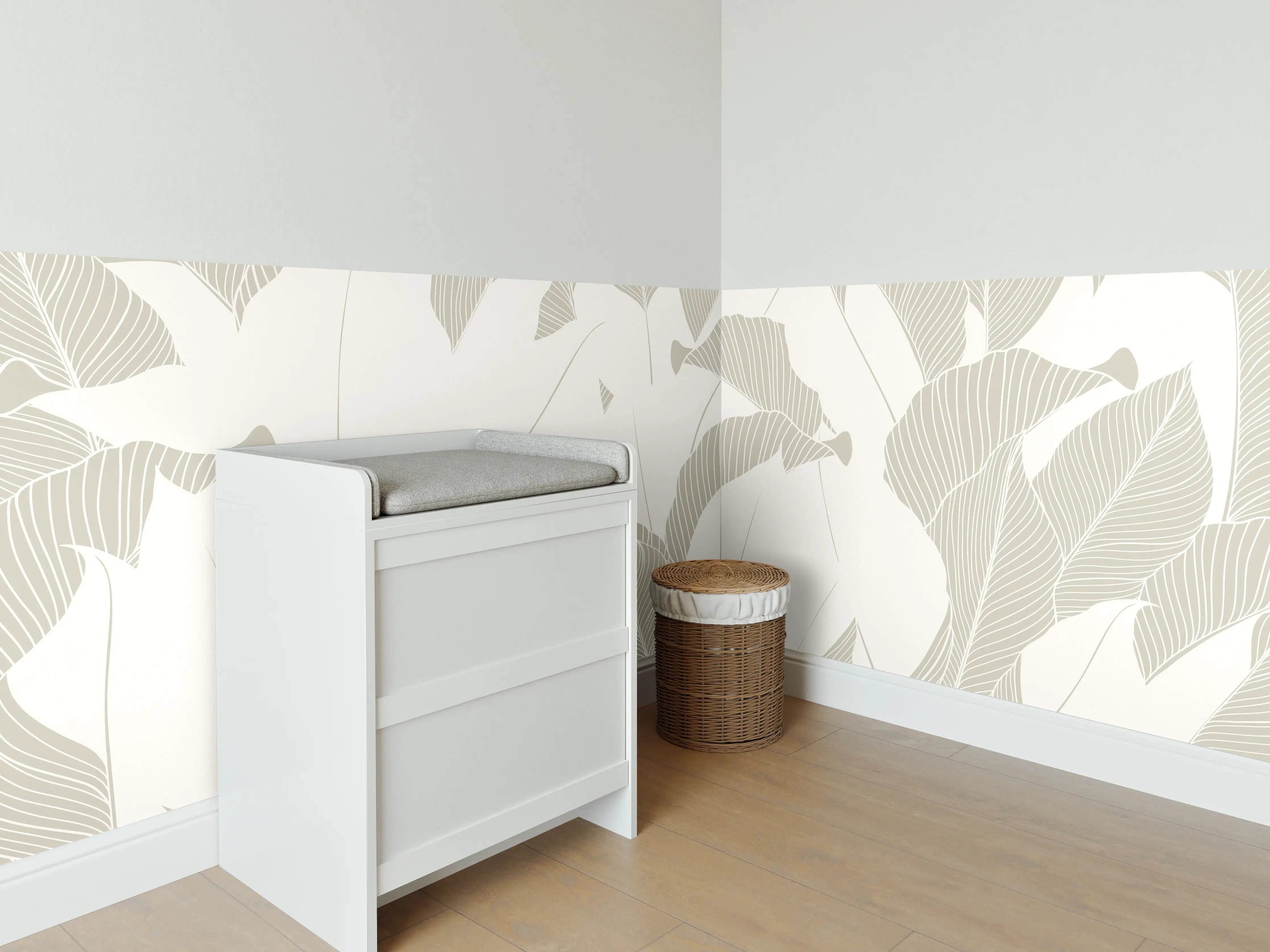 Babyzimmer Wandgestaltung - Elegantes Grau-Weiß Blattmuster