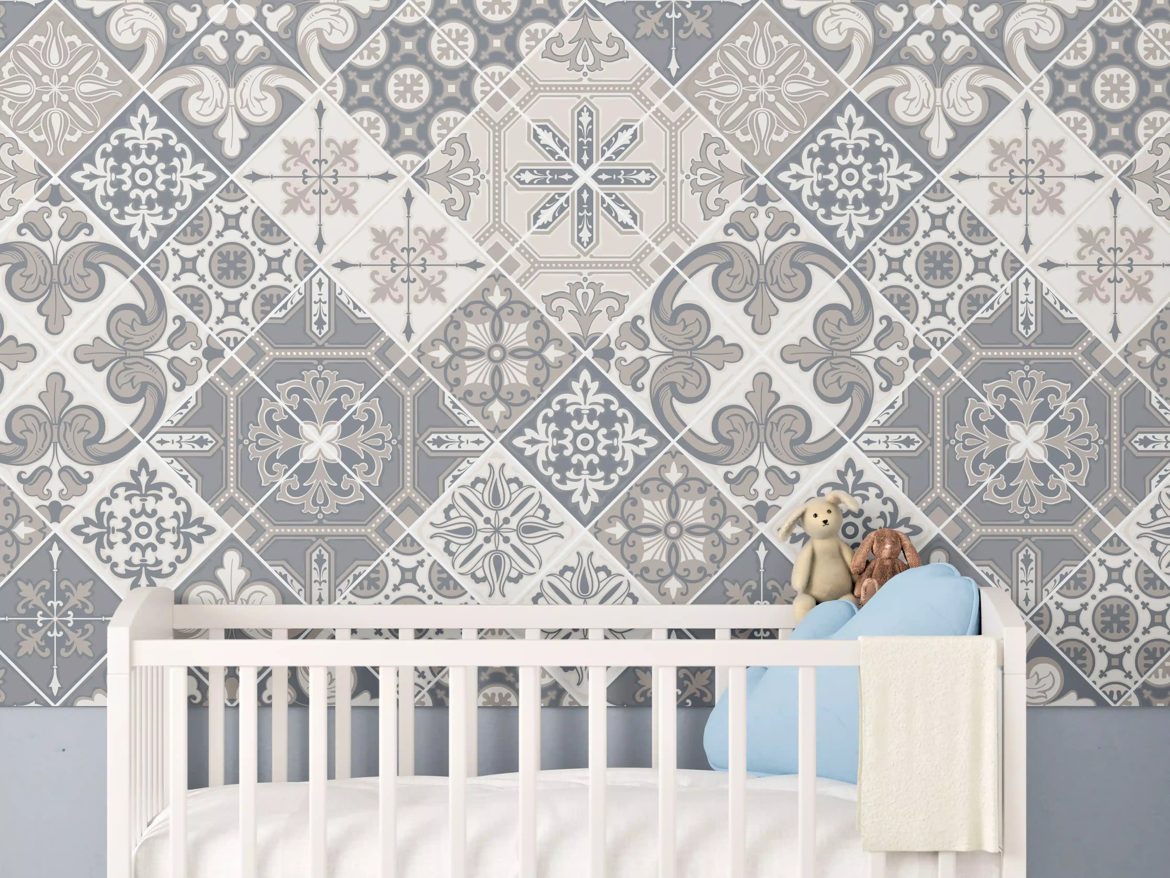 Babyzimmer Wandgestaltung - Elegantes Grau-Weiß Mosaikmuster