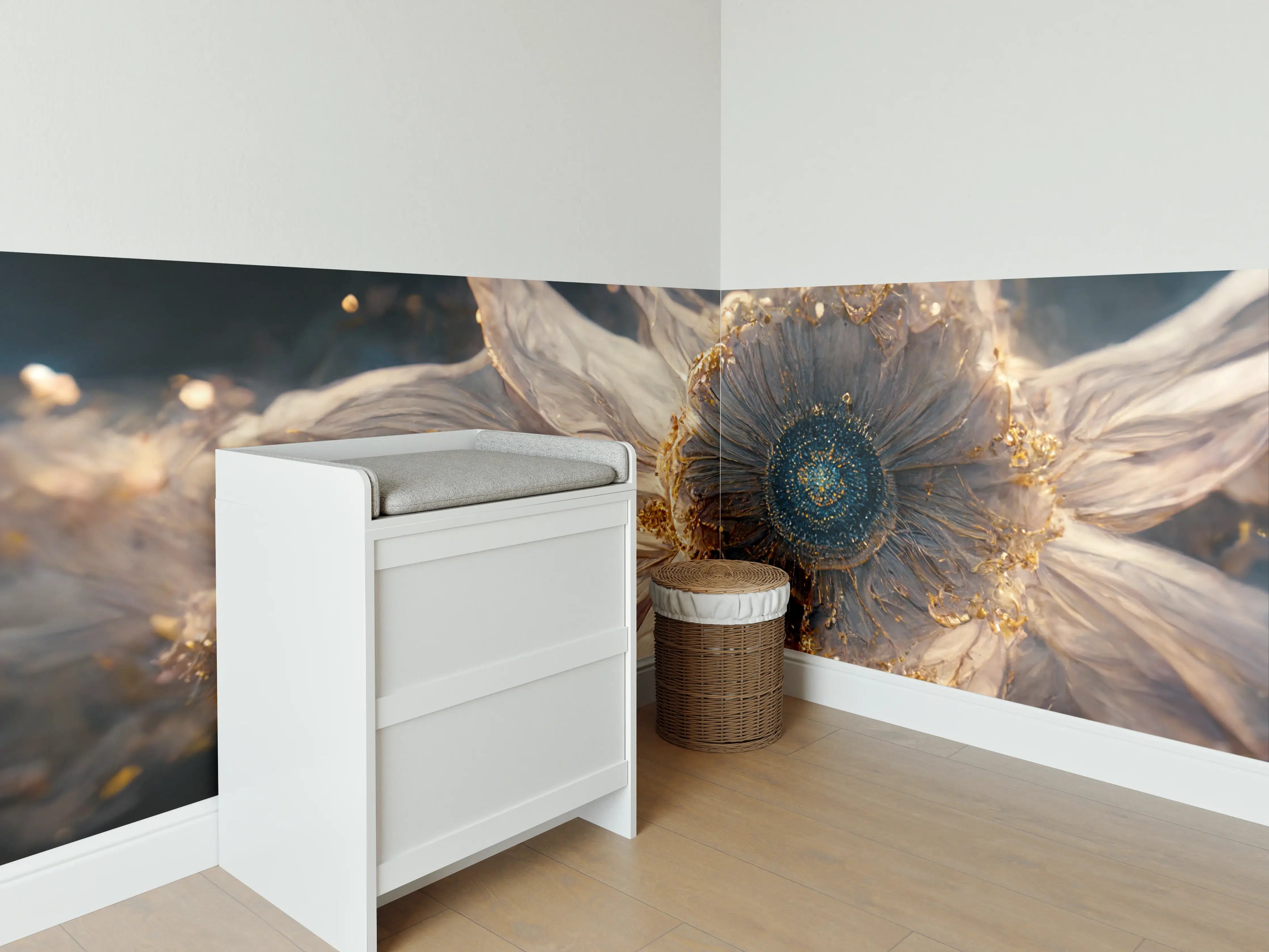 Babyzimmer Wandgestaltung - Elegantes, feminines Wasserblumen-Motiv in gold-weiß