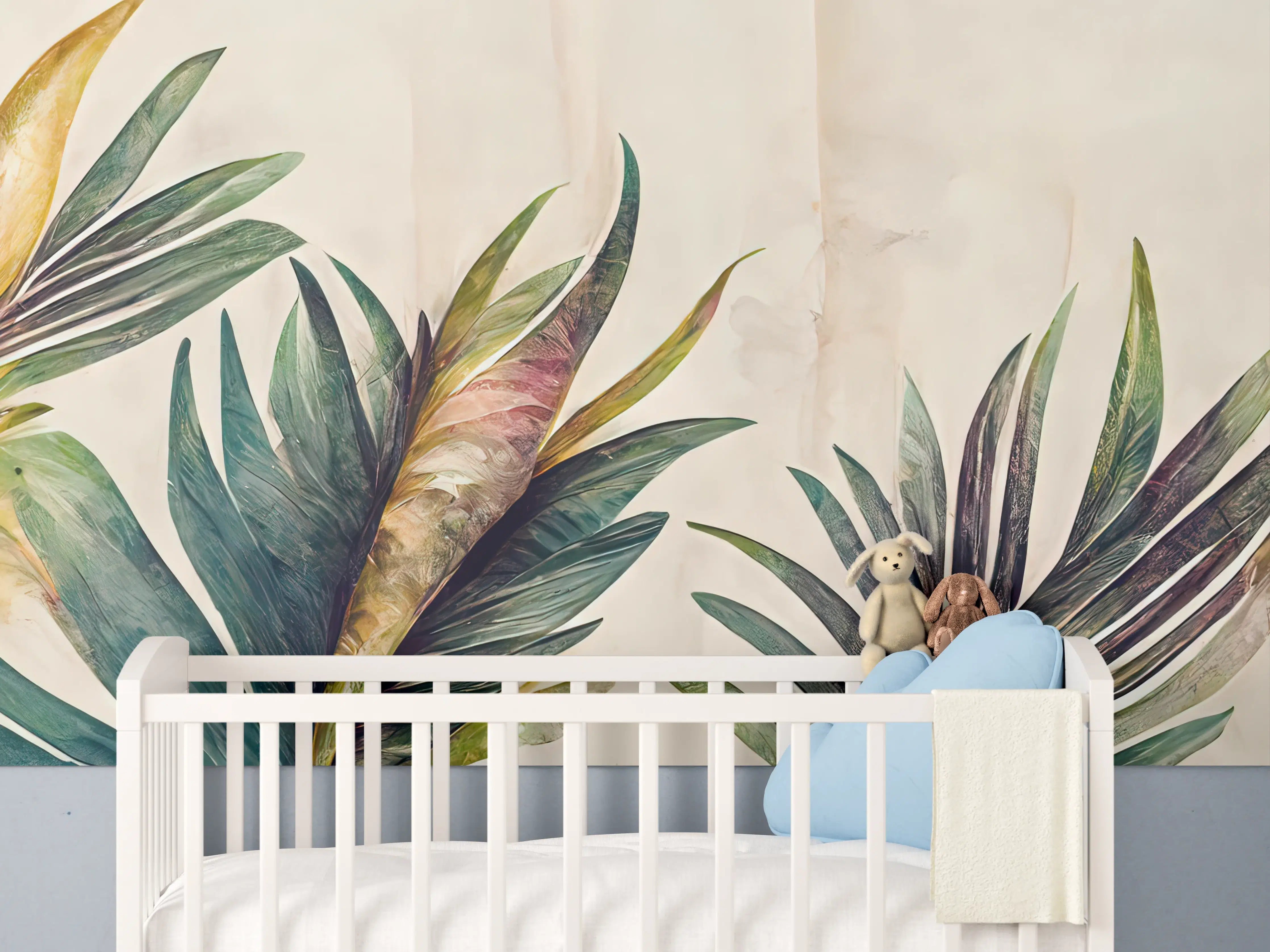 Babyzimmer Wandgestaltung - Exotische Grüne Blätter und Farbakzente