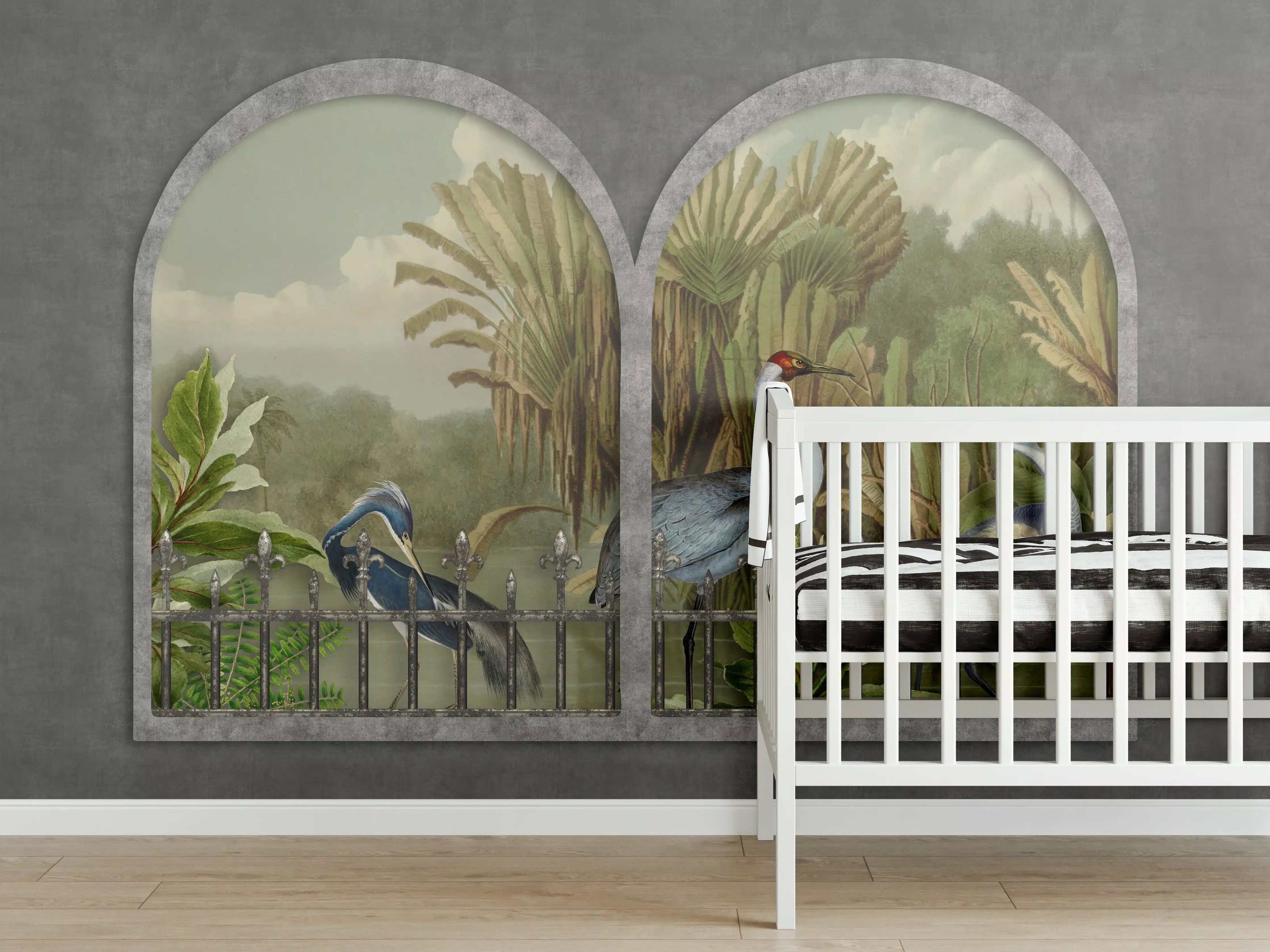 Babyzimmer Wandgestaltung - Exotische Kraniche Naturpanorama