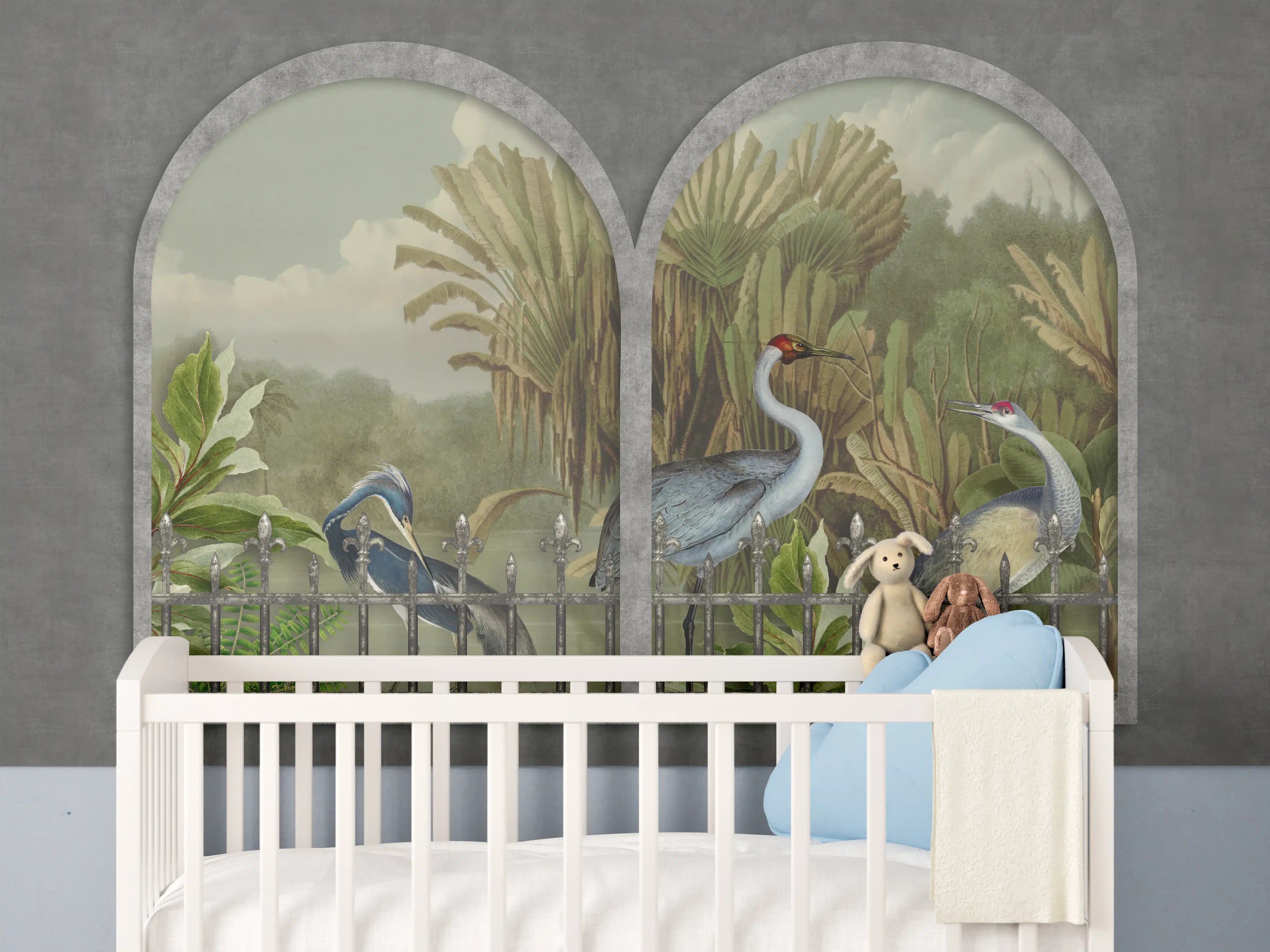 Babyzimmer Wandgestaltung - Exotische Kraniche Naturpanorama