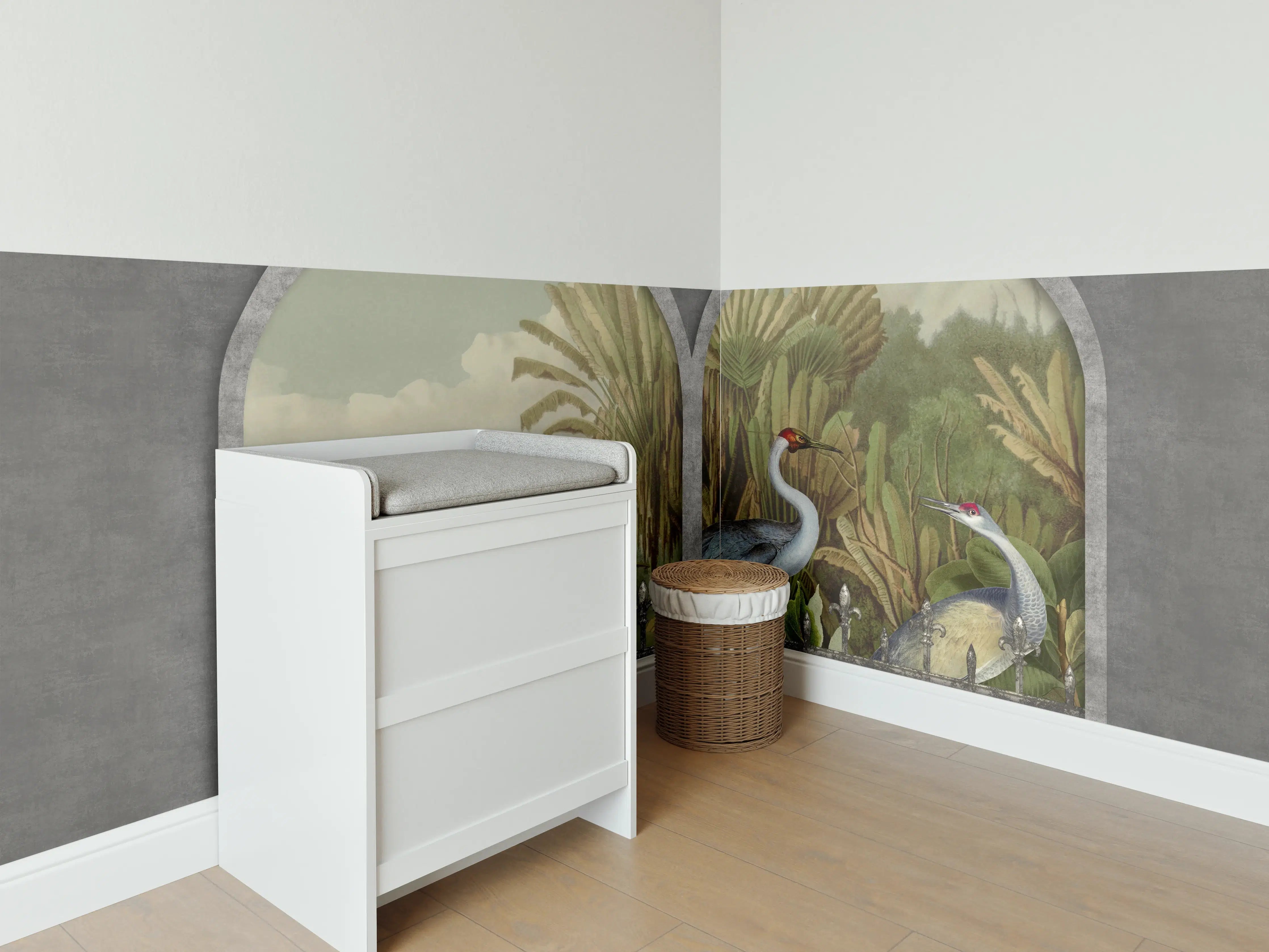 Babyzimmer Wandgestaltung - Exotische Kraniche Naturpanorama