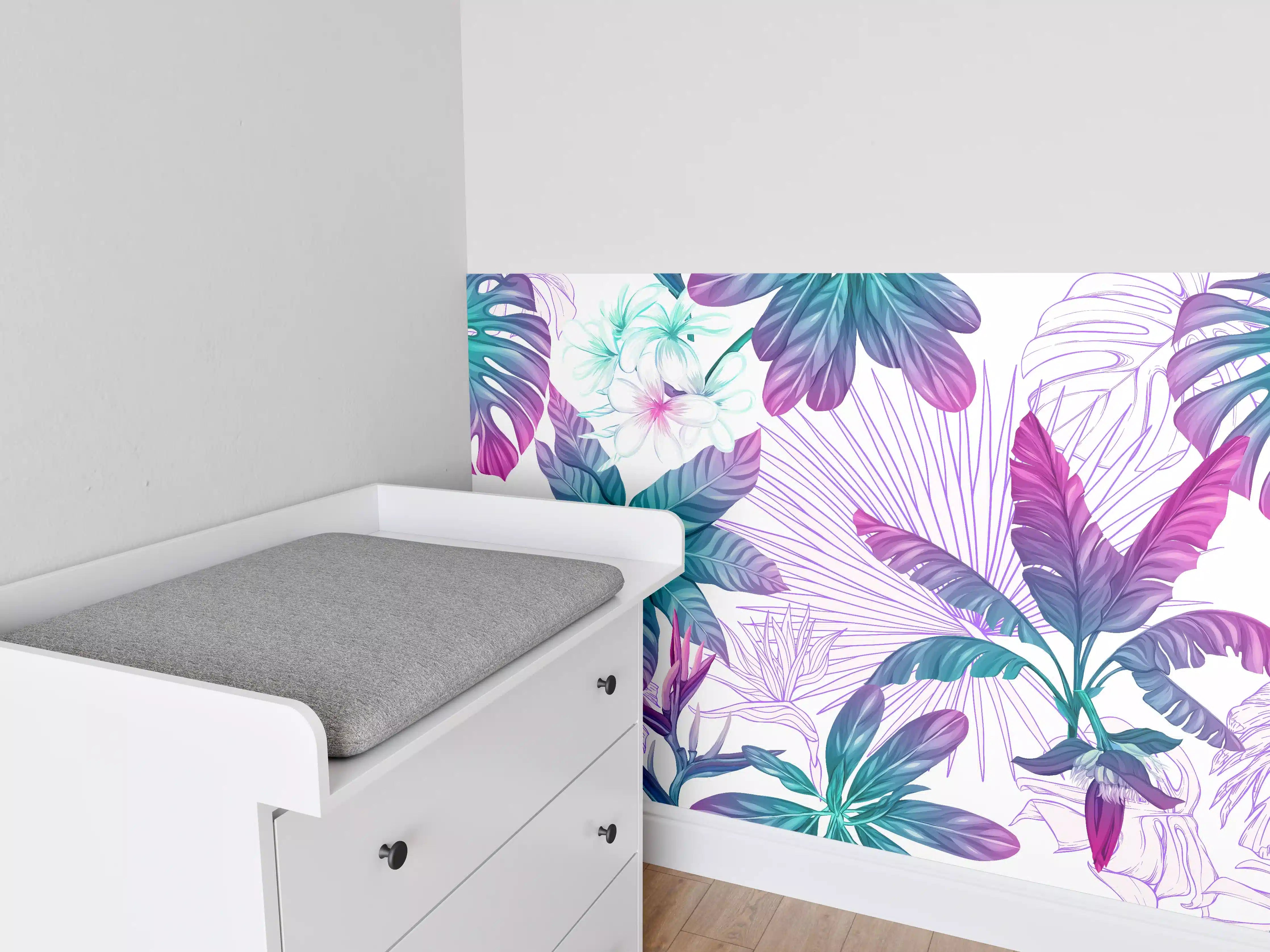 Babyzimmer Wandgestaltung - Exotische Pflanzenmuster Lila-Blau