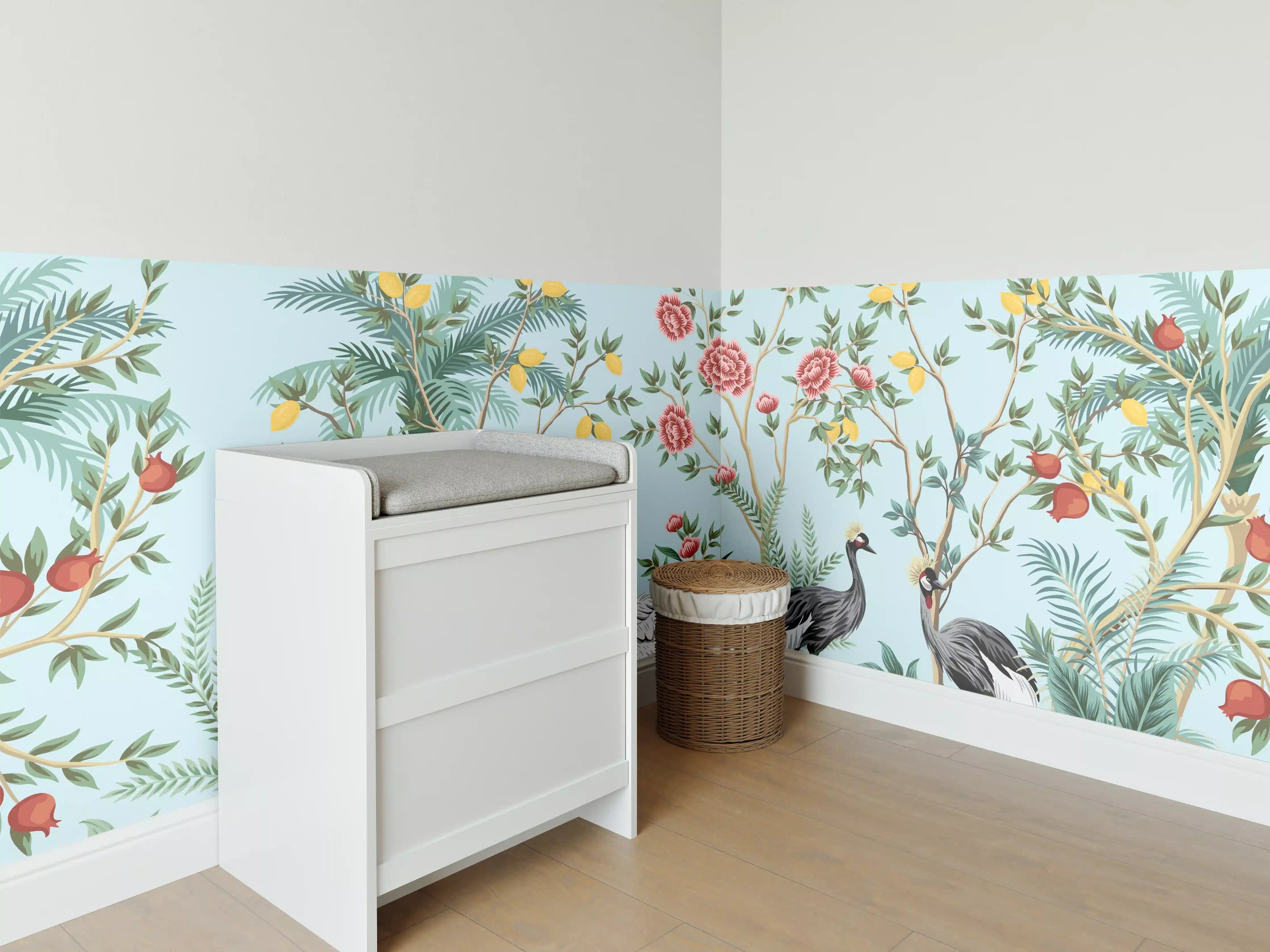 Babyzimmer Wandgestaltung - Exotische Vogel-Tapete