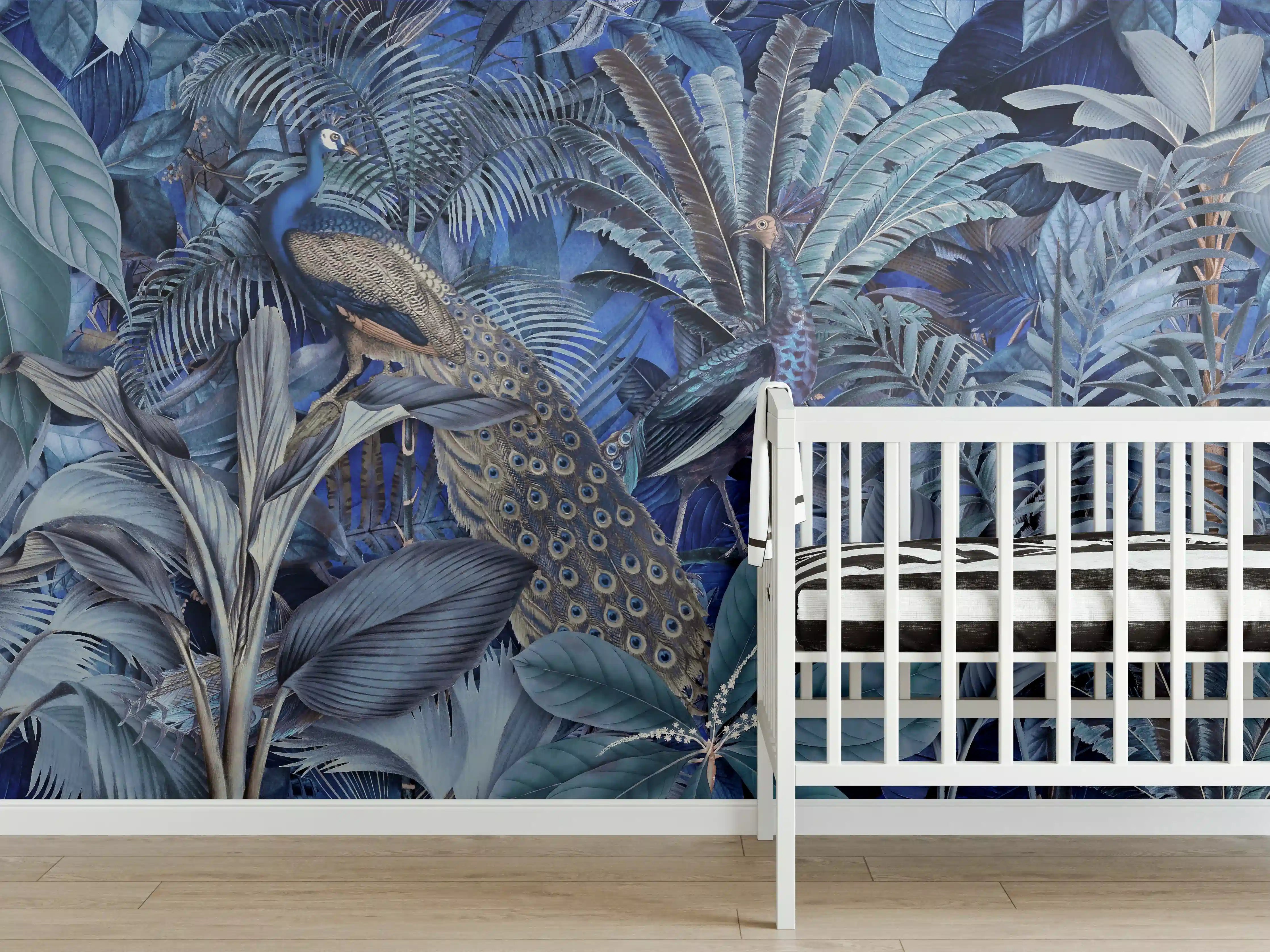 Babyzimmer Wandgestaltung - Exotischer Garten - Blaue Pfauen