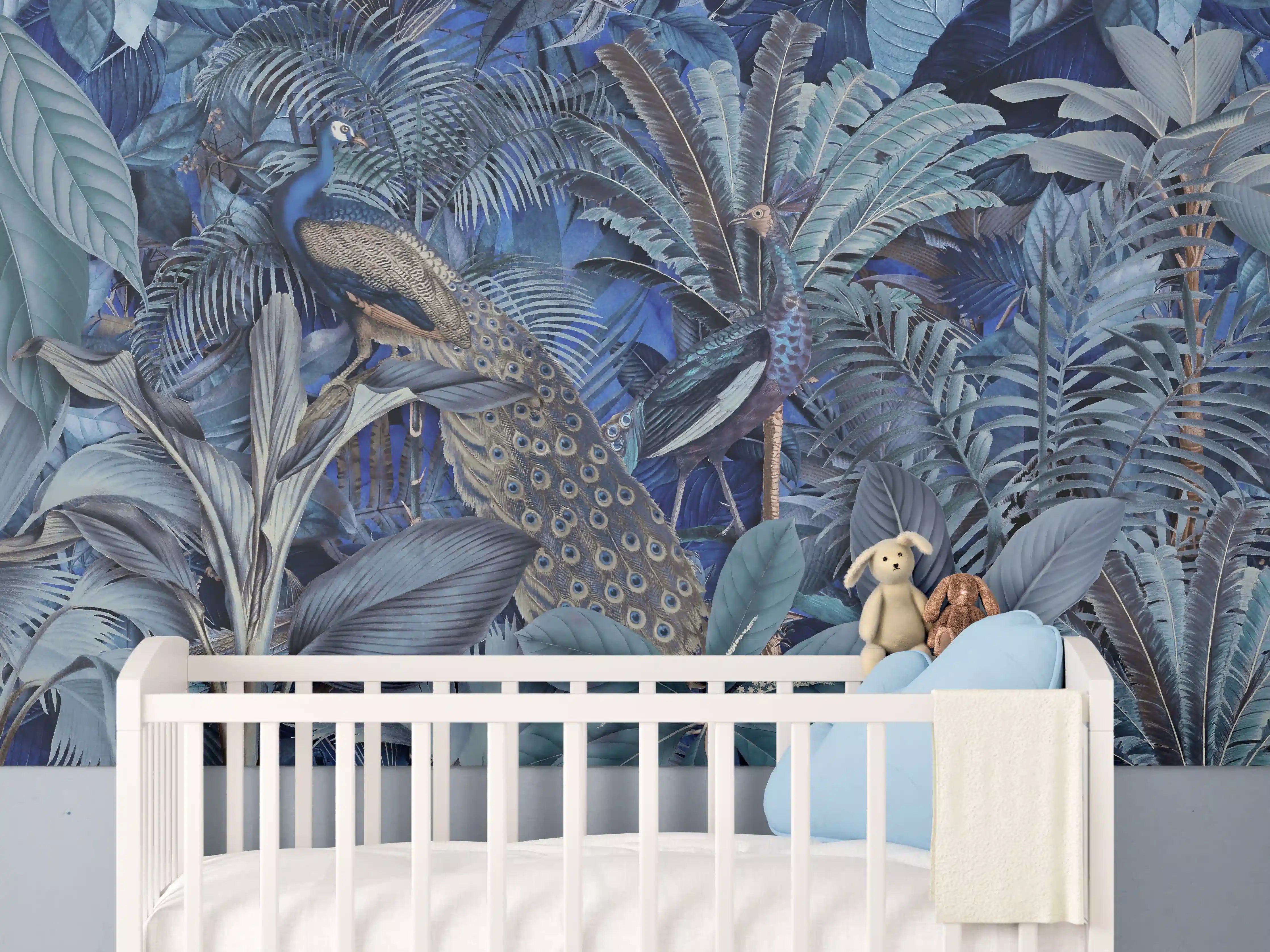 Babyzimmer Wandgestaltung - Exotischer Garten - Blaue Pfauen