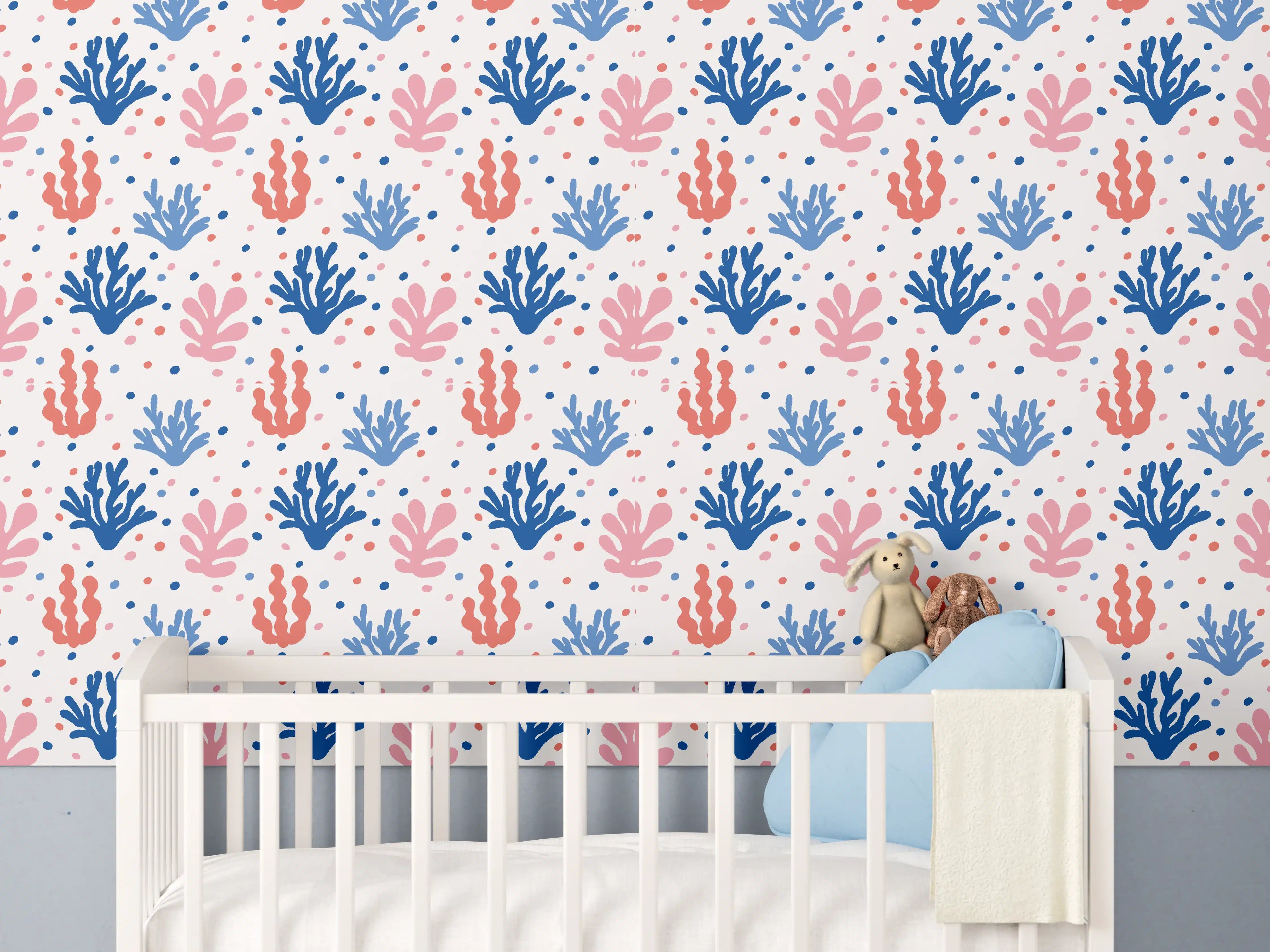 Babyzimmer Wandgestaltung - Exotisches Korallen-Design in Blau und Rosa