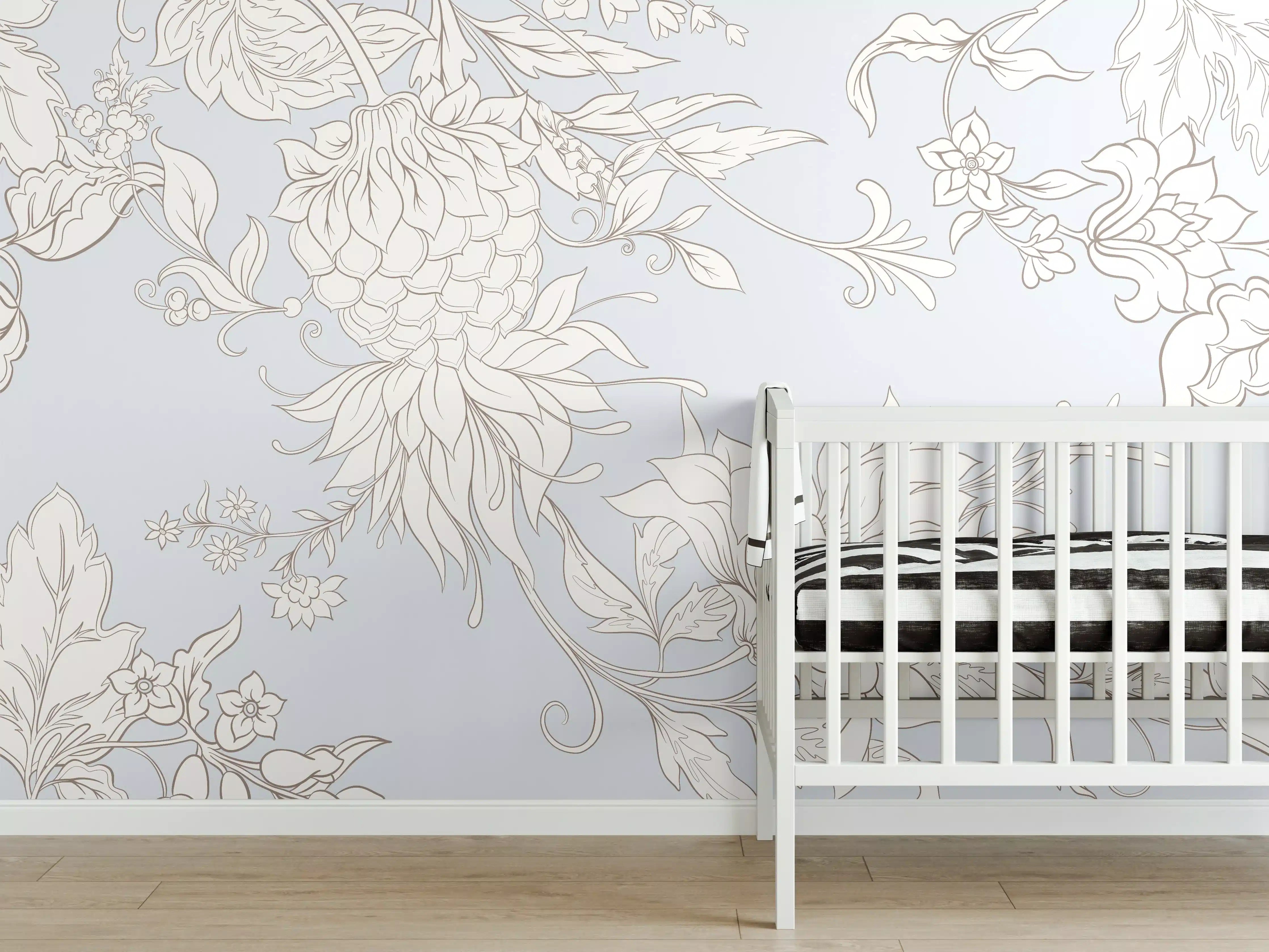 Babyzimmer Wandgestaltung - Fantasievolle Blumenzeichnung Weiß-Grau