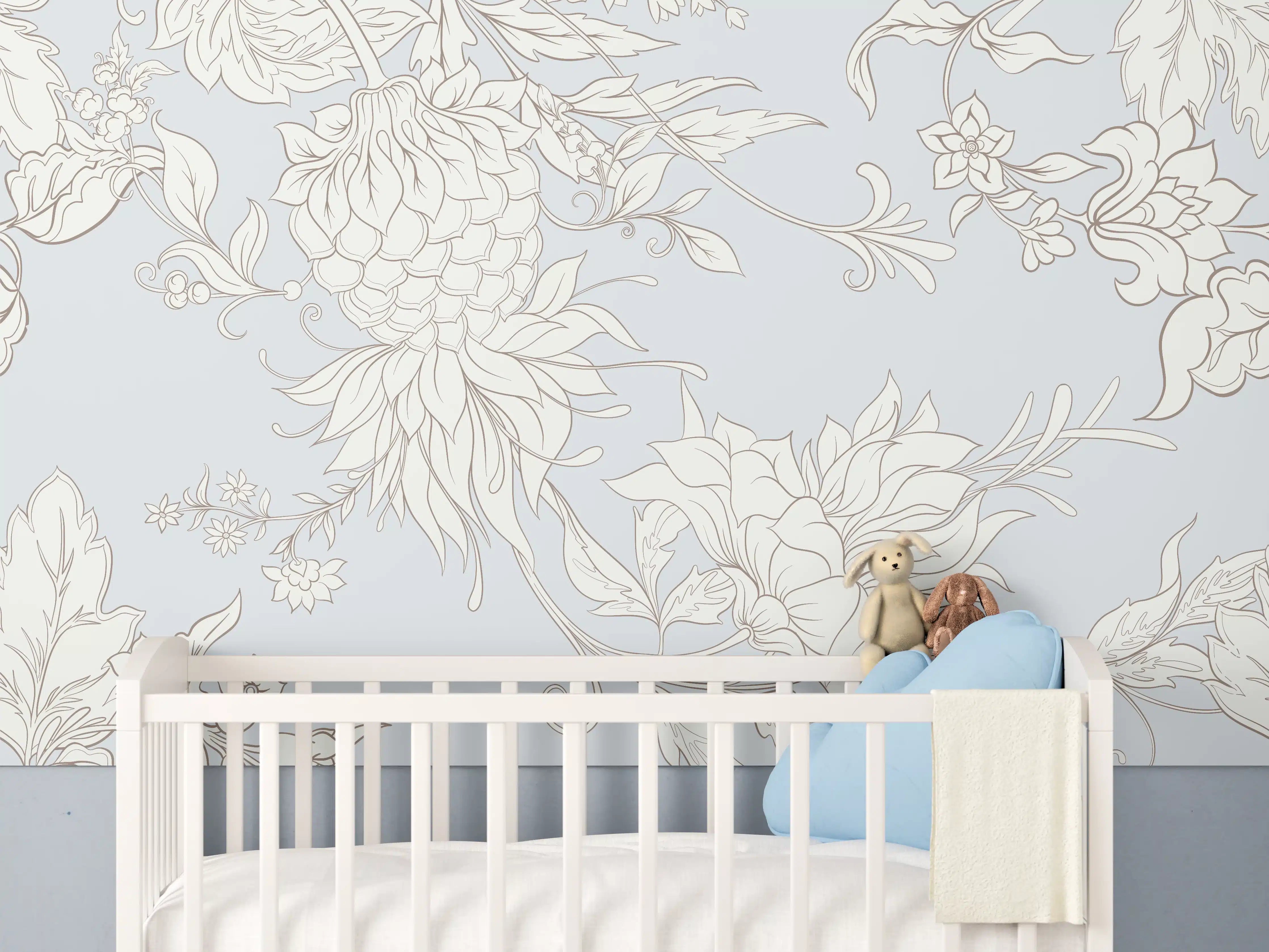 Babyzimmer Wandgestaltung - Fantasievolle Blumenzeichnung Weiß-Grau
