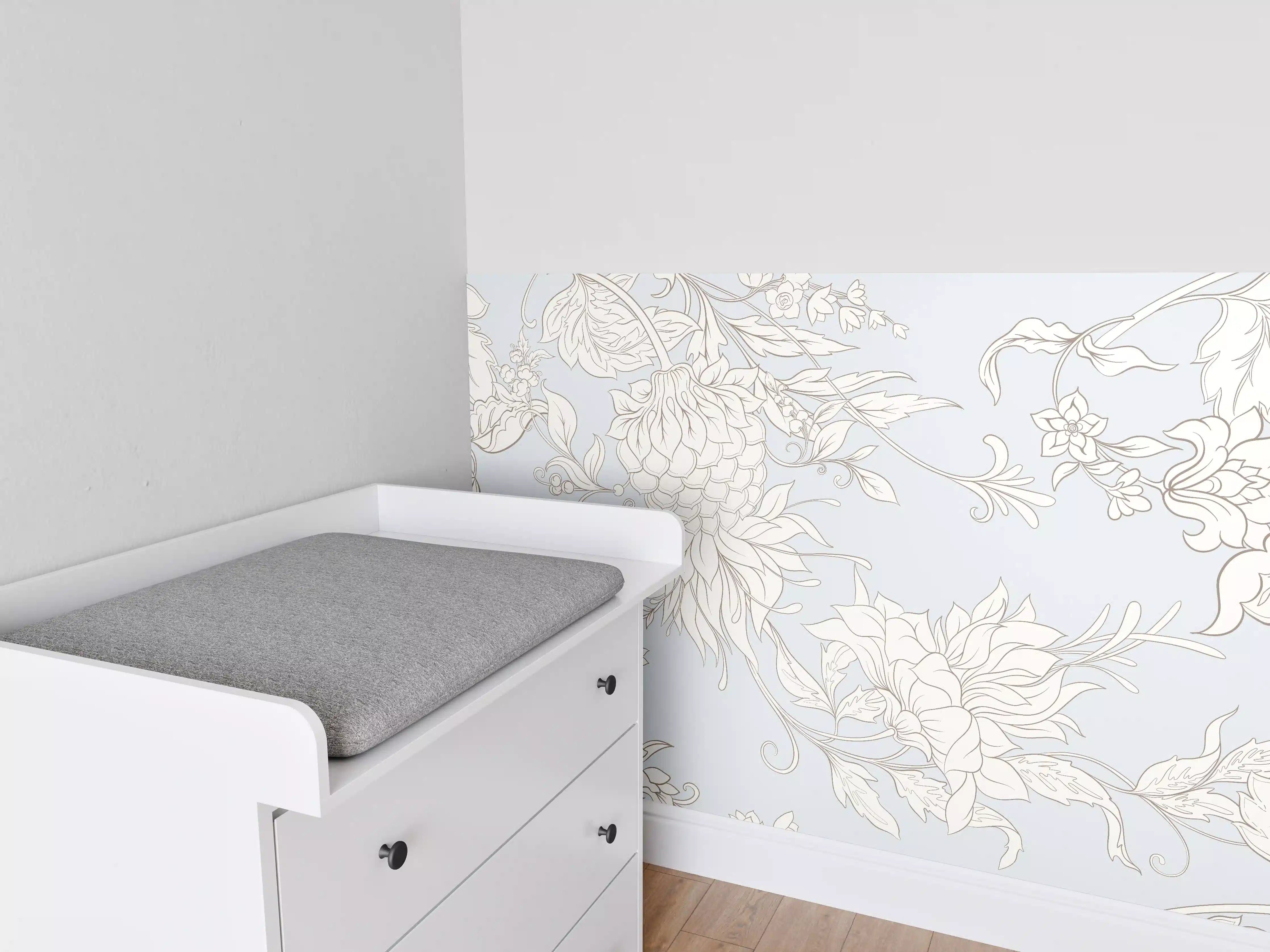 Babyzimmer Wandgestaltung - Fantasievolle Blumenzeichnung Weiß-Grau