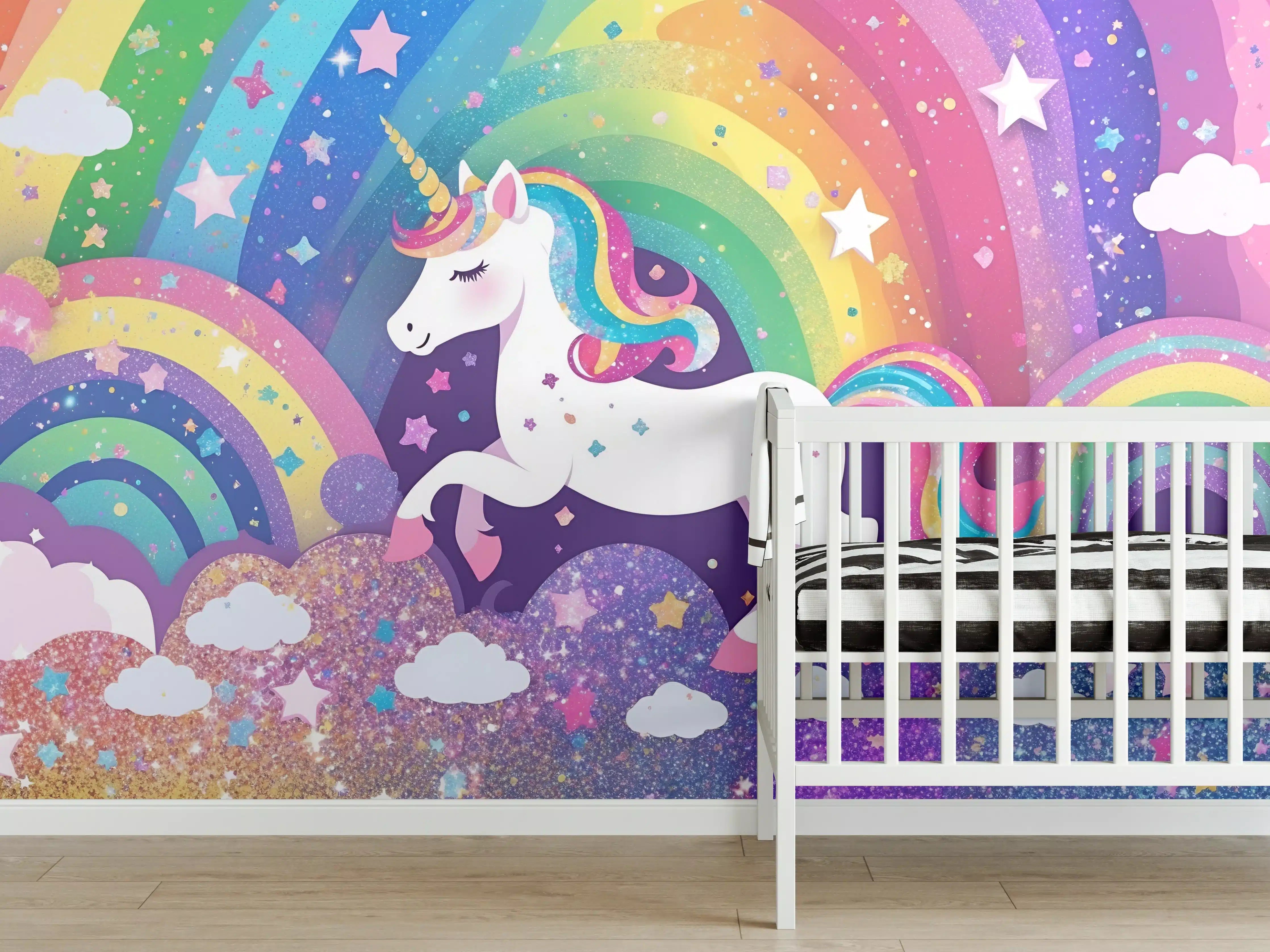 Babyzimmer Wandgestaltung - Fantasievolles Einhorn mit Regenbogenszene