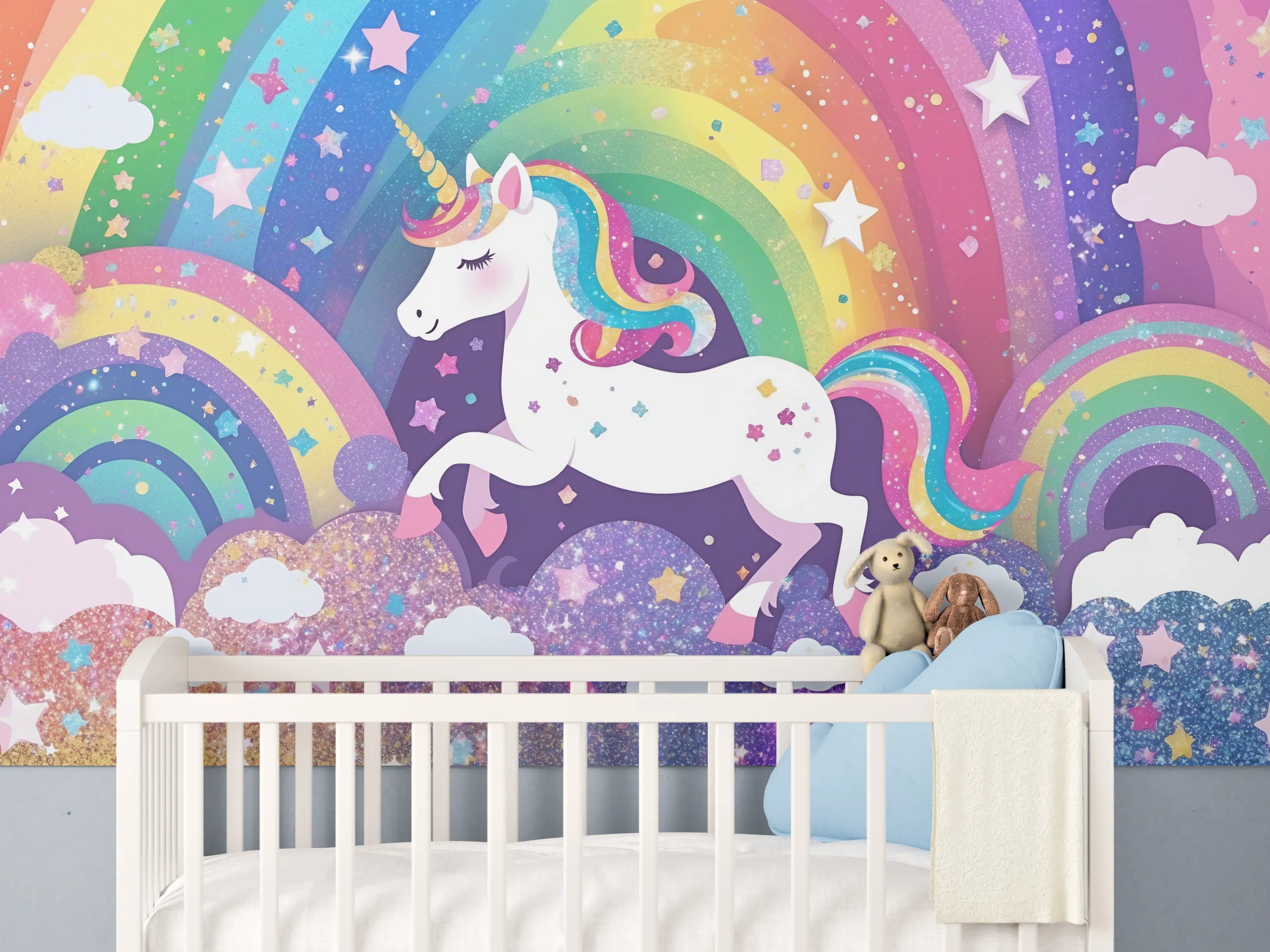 Babyzimmer Wandgestaltung - Fantasievolles Einhorn mit Regenbogenszene