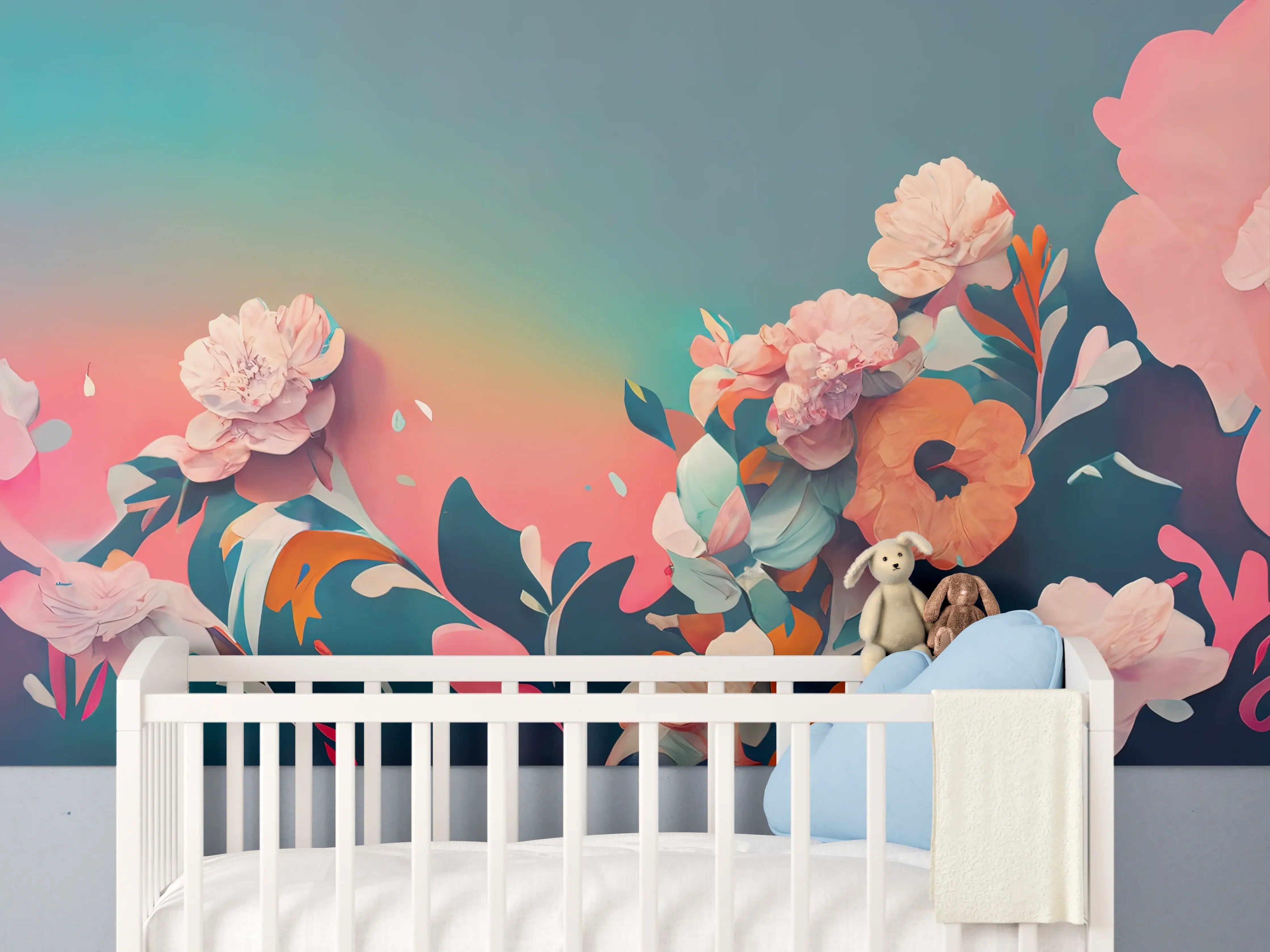 Babyzimmer Wandgestaltung - Farbenfrohe Blumenkomposition in sanften Tönen