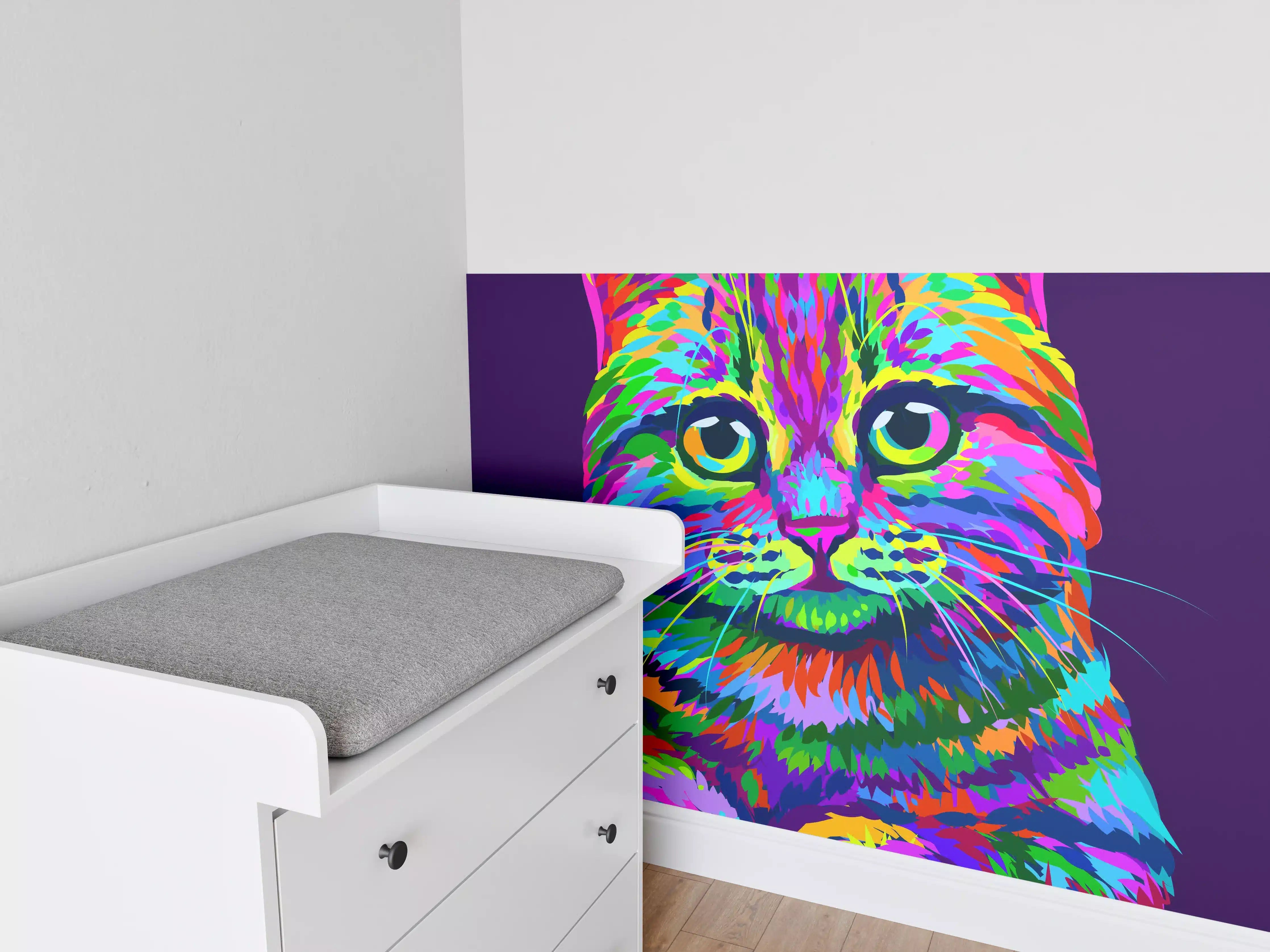 Babyzimmer Wandgestaltung - Farbenfrohe Neon-Katzen-Illustration