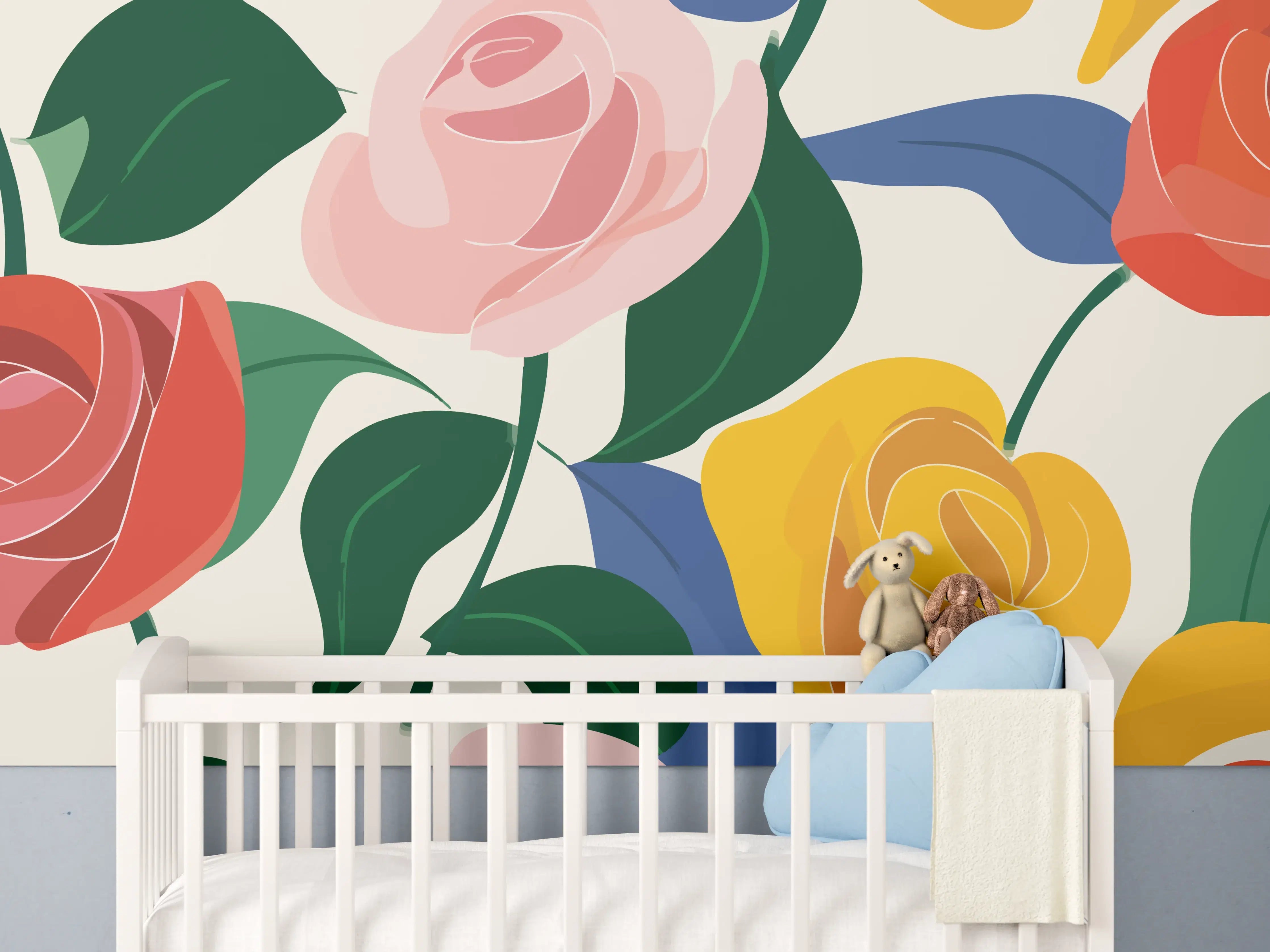 Babyzimmer Wandgestaltung - Farbenfrohe Rosenstrauß-Darstellung