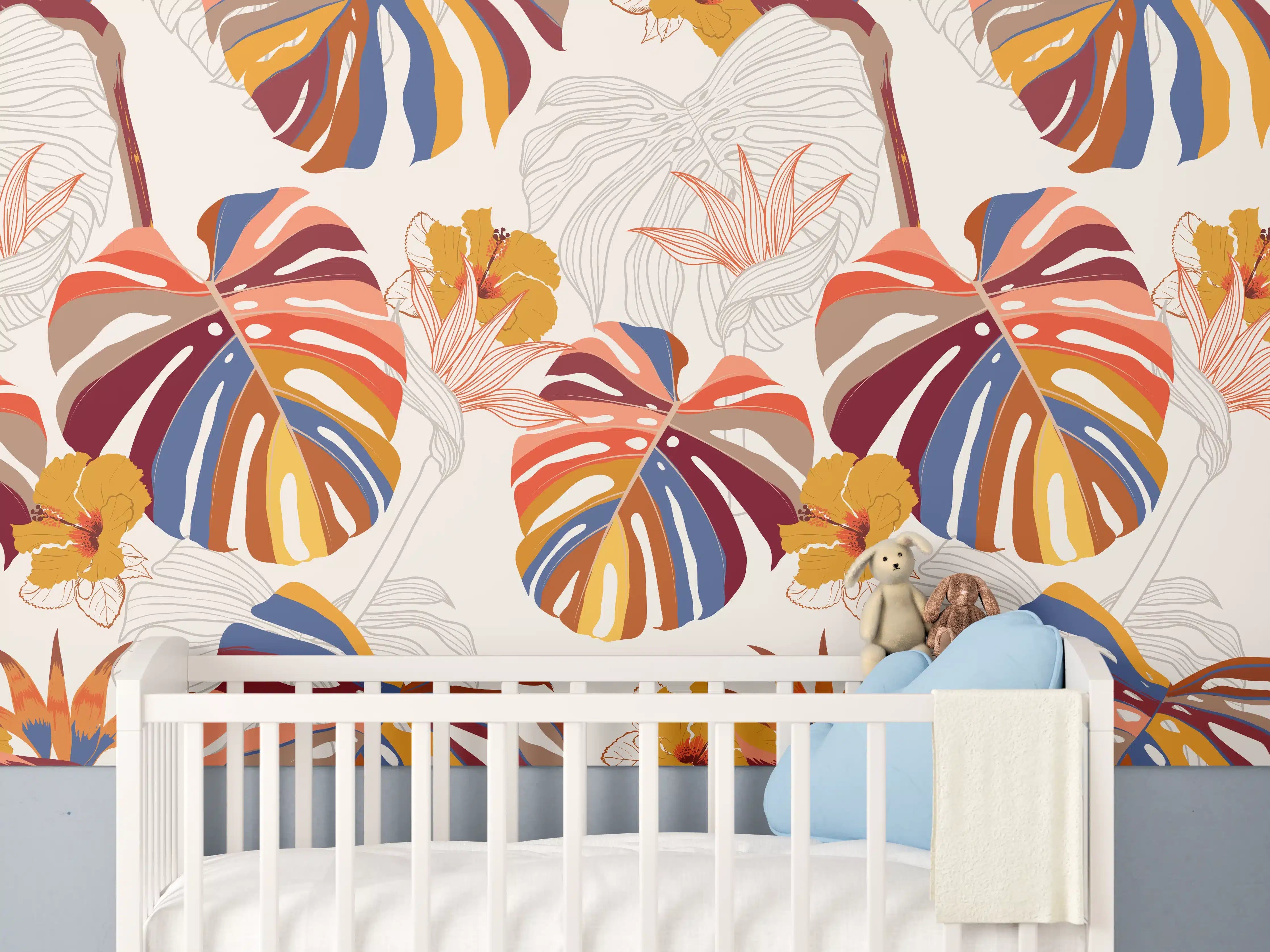 Babyzimmer Wandgestaltung - Farbenfrohe Tropenblätter mit Blüten