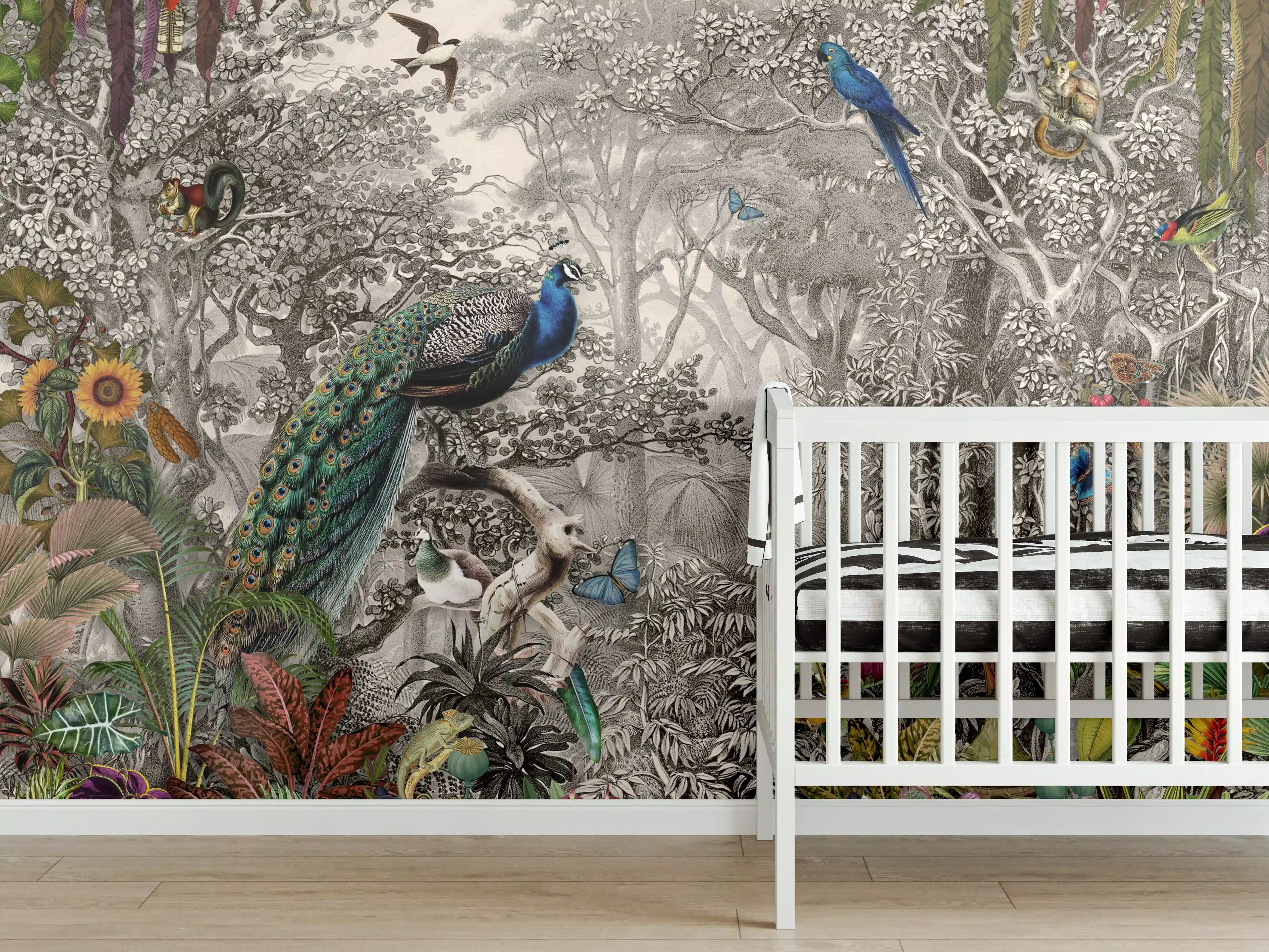 Babyzimmer Wandgestaltung - Farbenfrohe exotische Vogel- und Pflanzenwelt