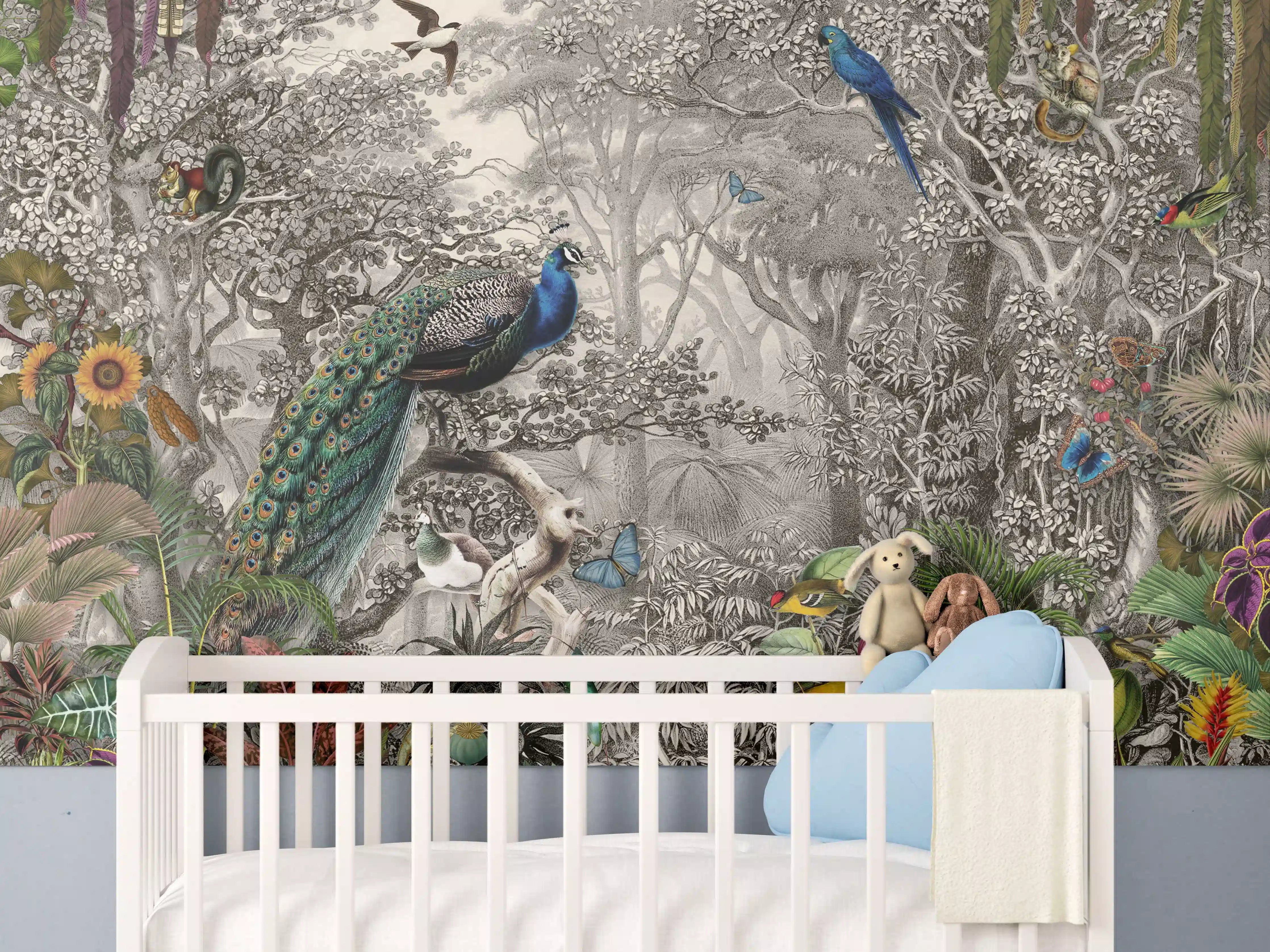 Babyzimmer Wandgestaltung - Farbenfrohe exotische Vogel- und Pflanzenwelt