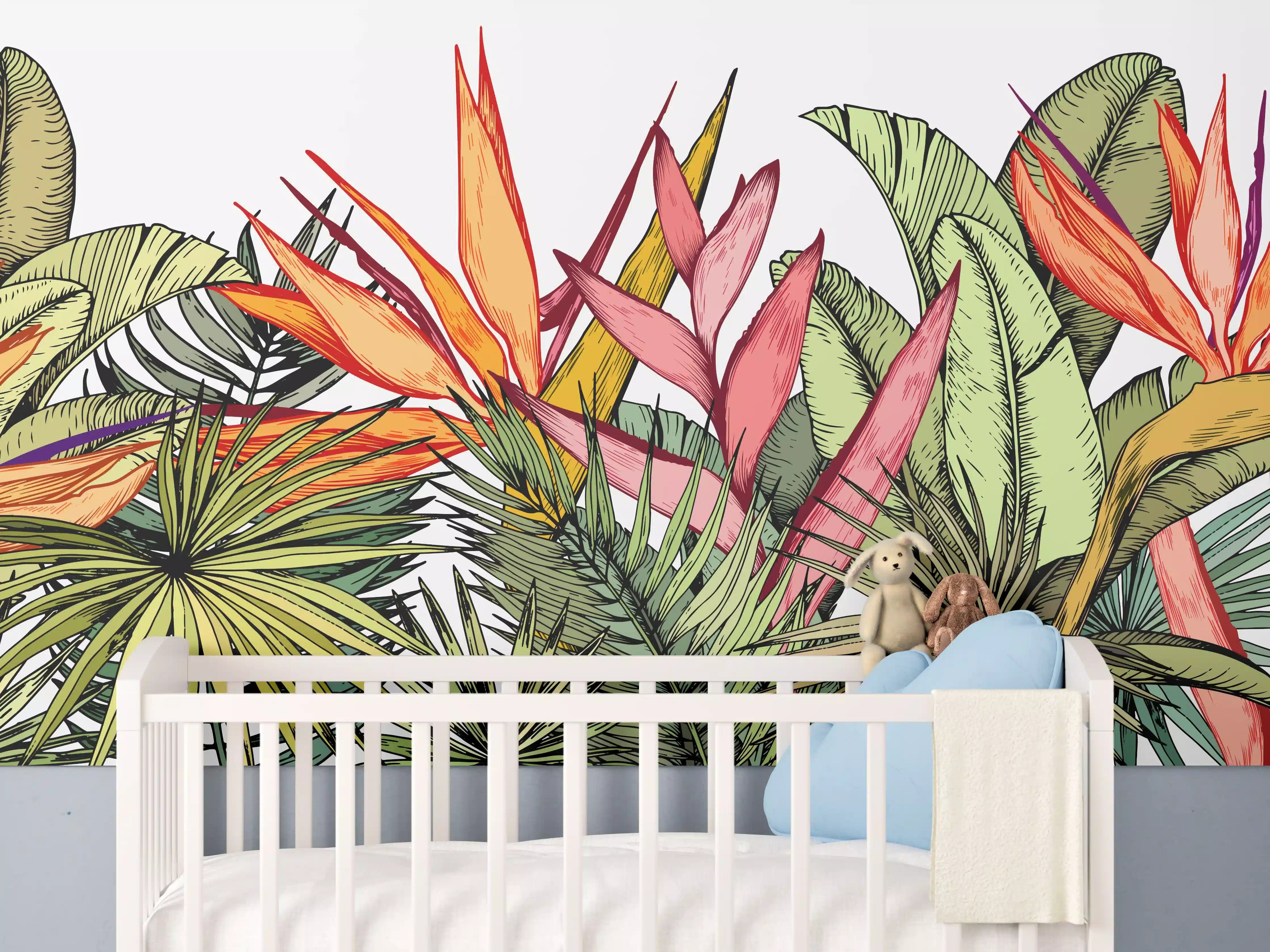 Babyzimmer Wandgestaltung - Farbenfroher Pflanzen-Print