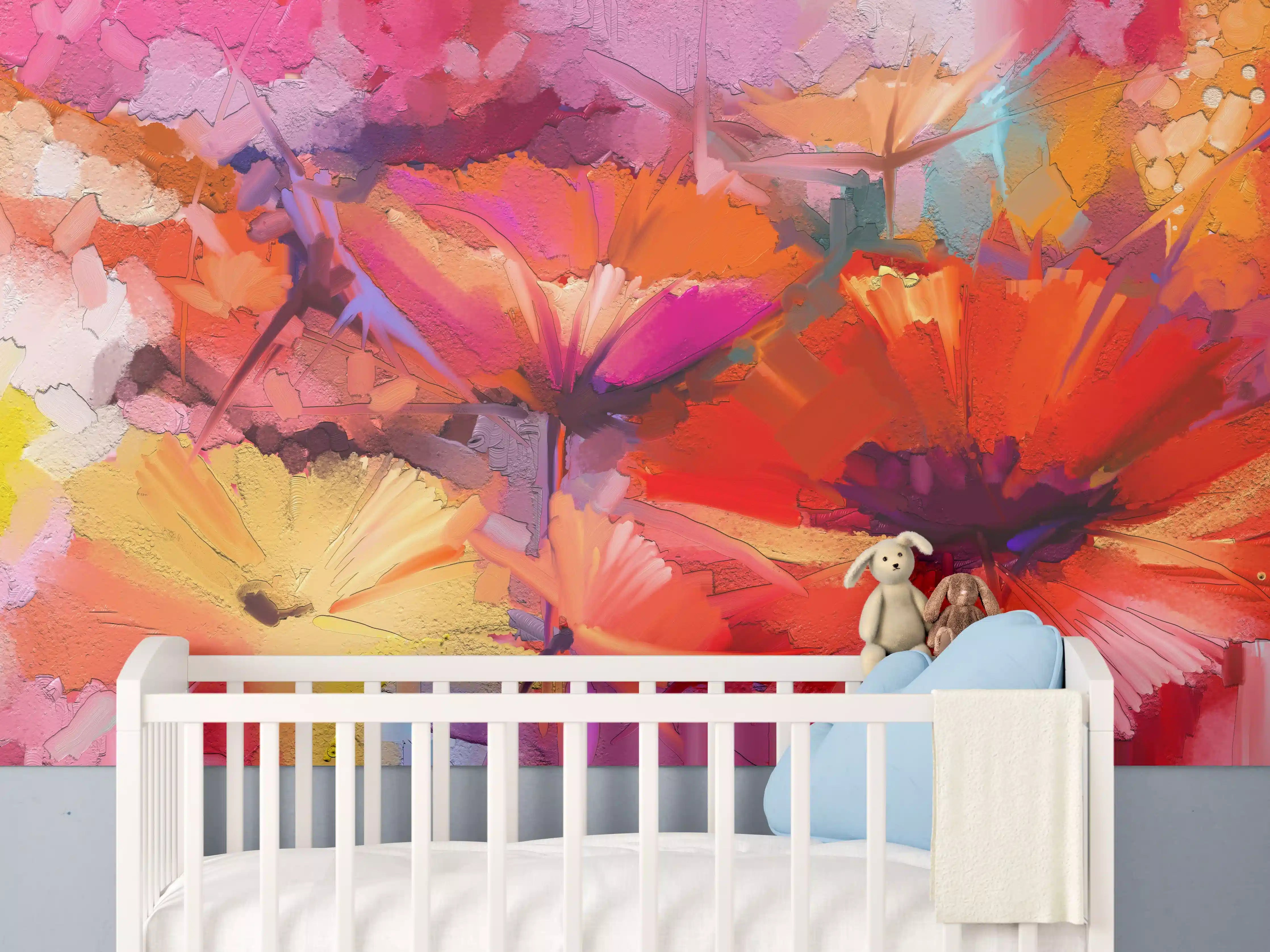 Babyzimmer Wandgestaltung - Farbenfrohes Gemälde von Frühlingsblumen