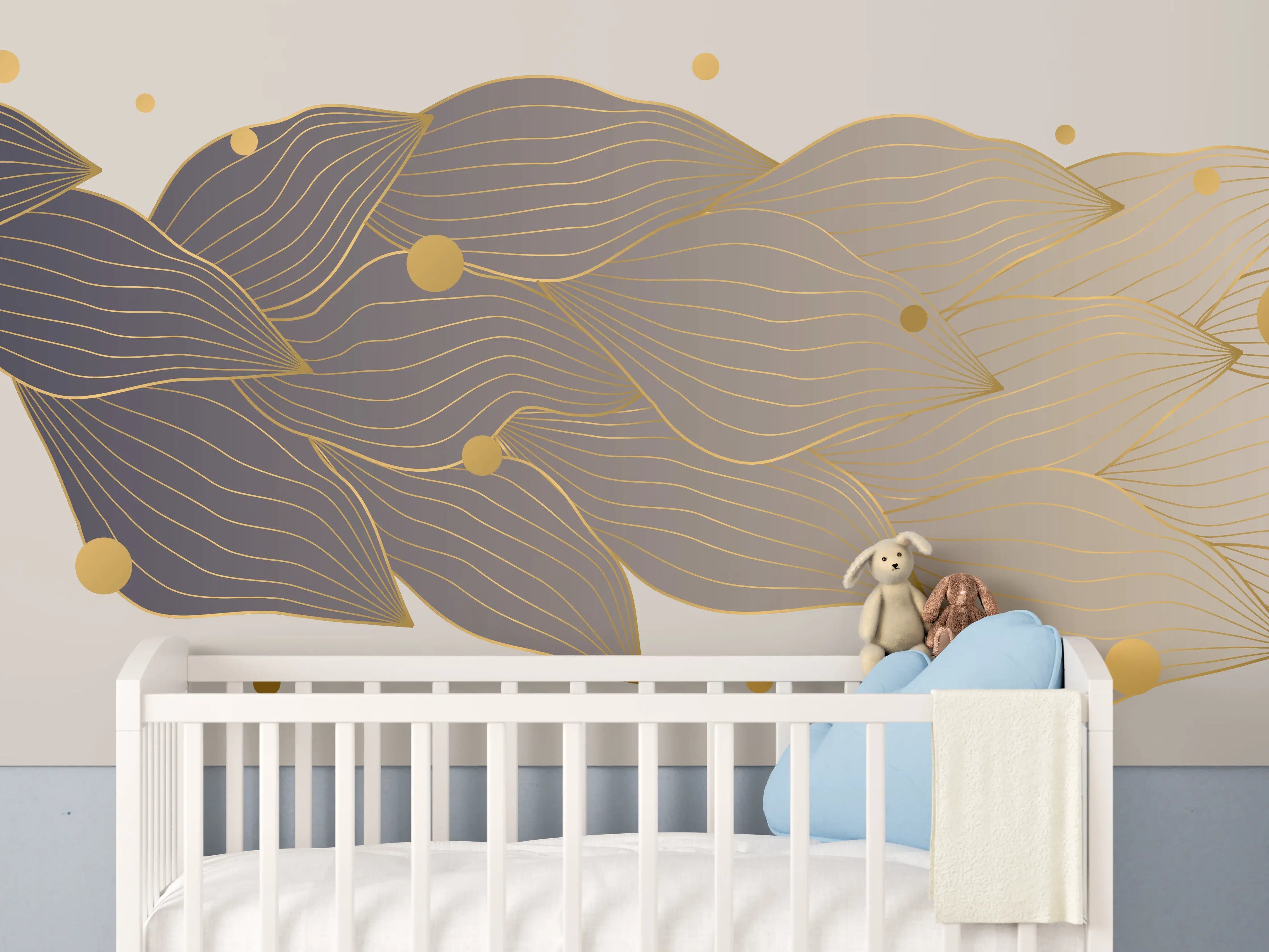 Babyzimmer Wandgestaltung - Feine Goldlinien Kunst auf weißem Untergrund
