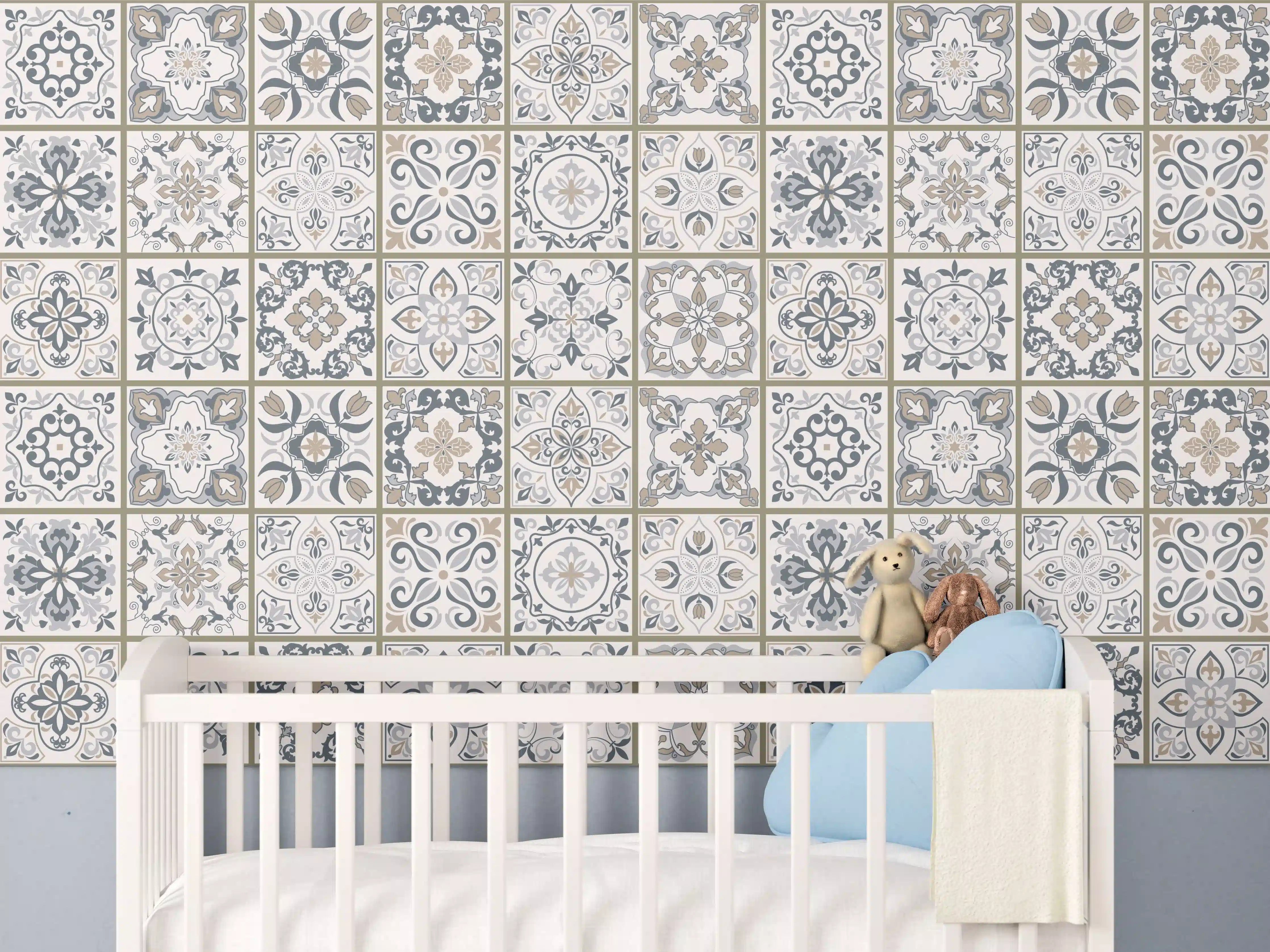 Babyzimmer Wandgestaltung - Feine Grautöne im geometrischen Weißmuster