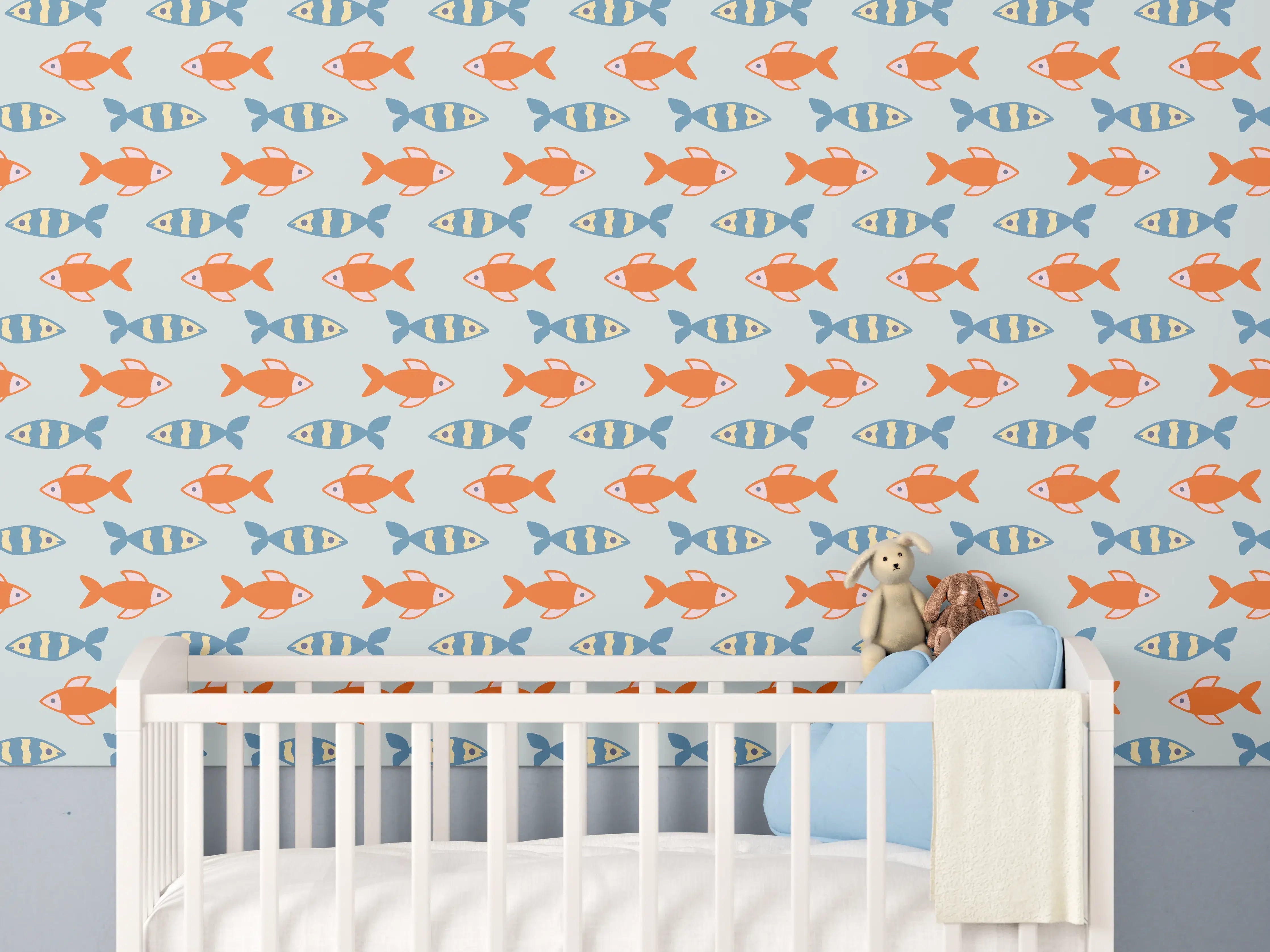 Babyzimmer Wandgestaltung - Fischmuster Orange-Blau