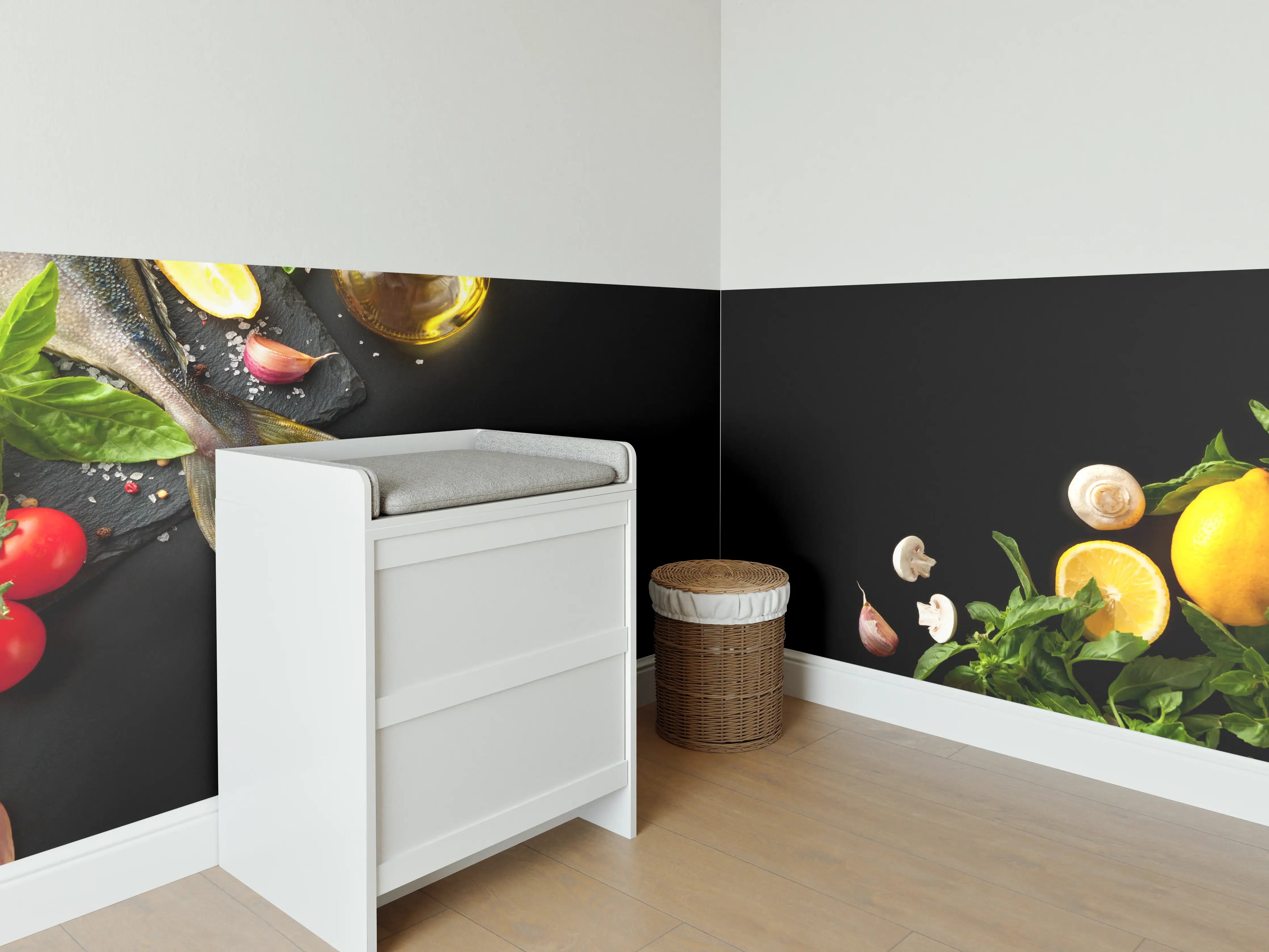 Babyzimmer Wandgestaltung - Fischzutaten auf schwarzem Hintergrund