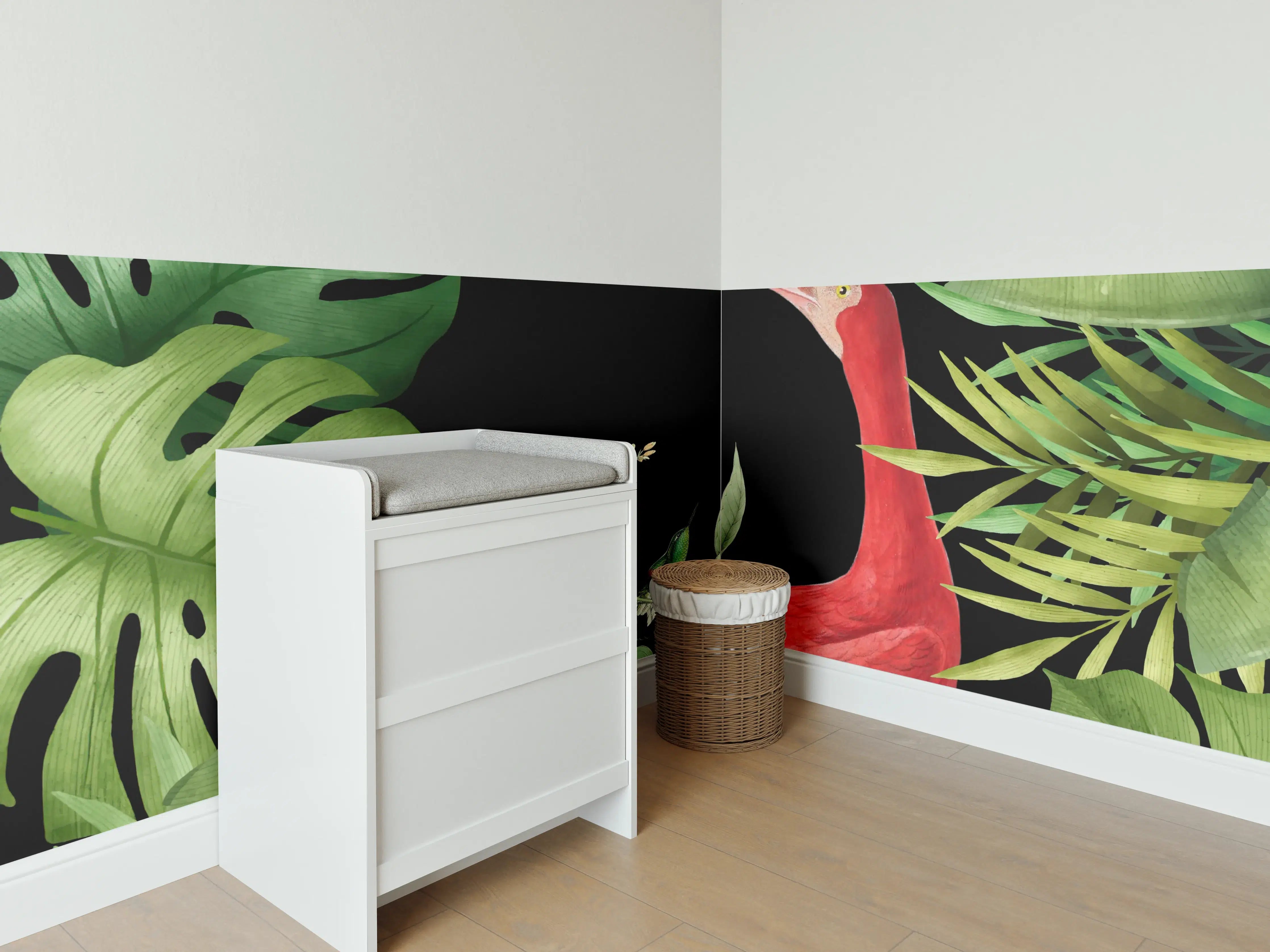 Babyzimmer Wandgestaltung - Flamingo im Pflanzenrahmen