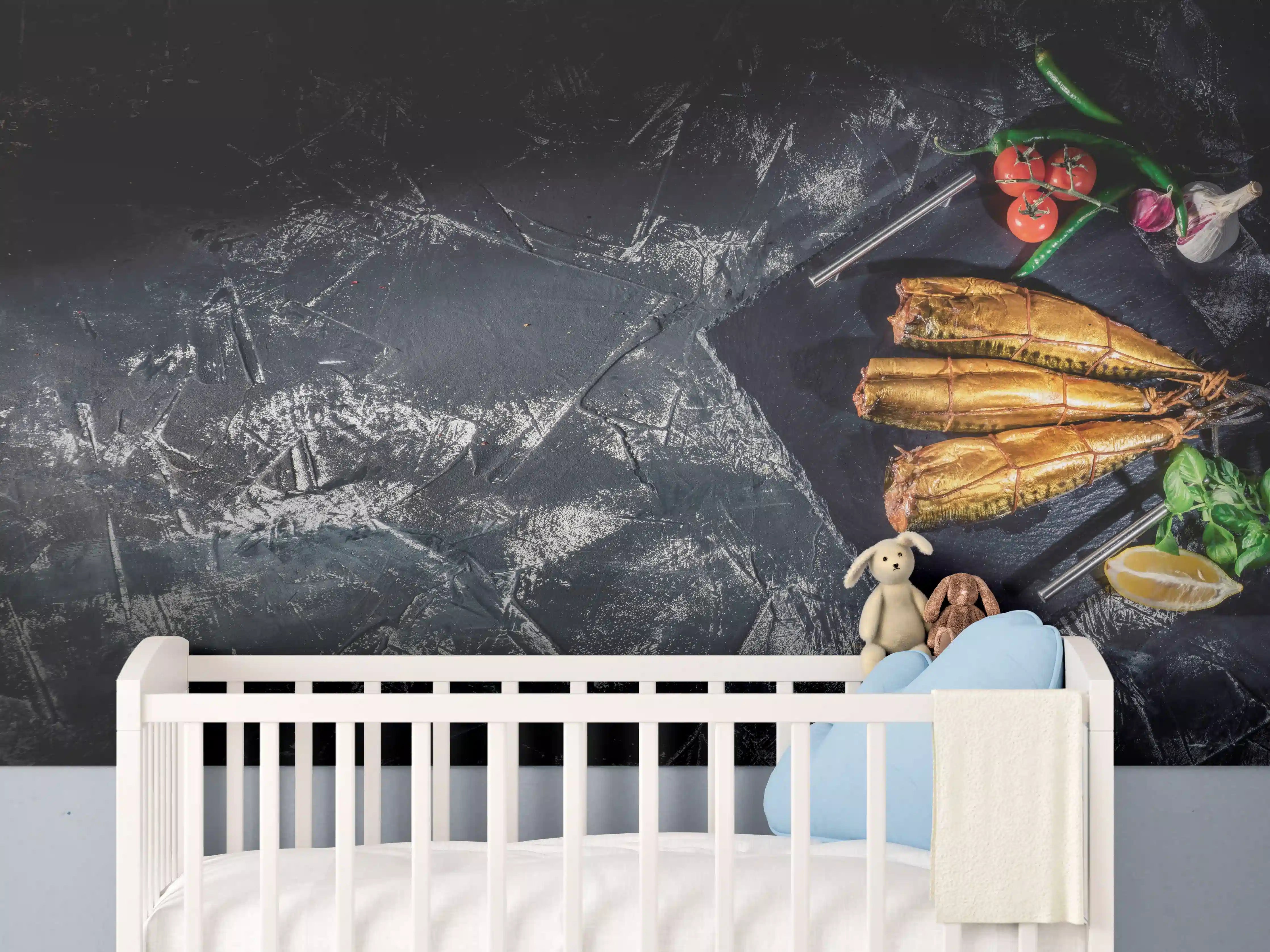 Babyzimmer Wandgestaltung - Fleischspezialitäten auf dunklem Hintergrund