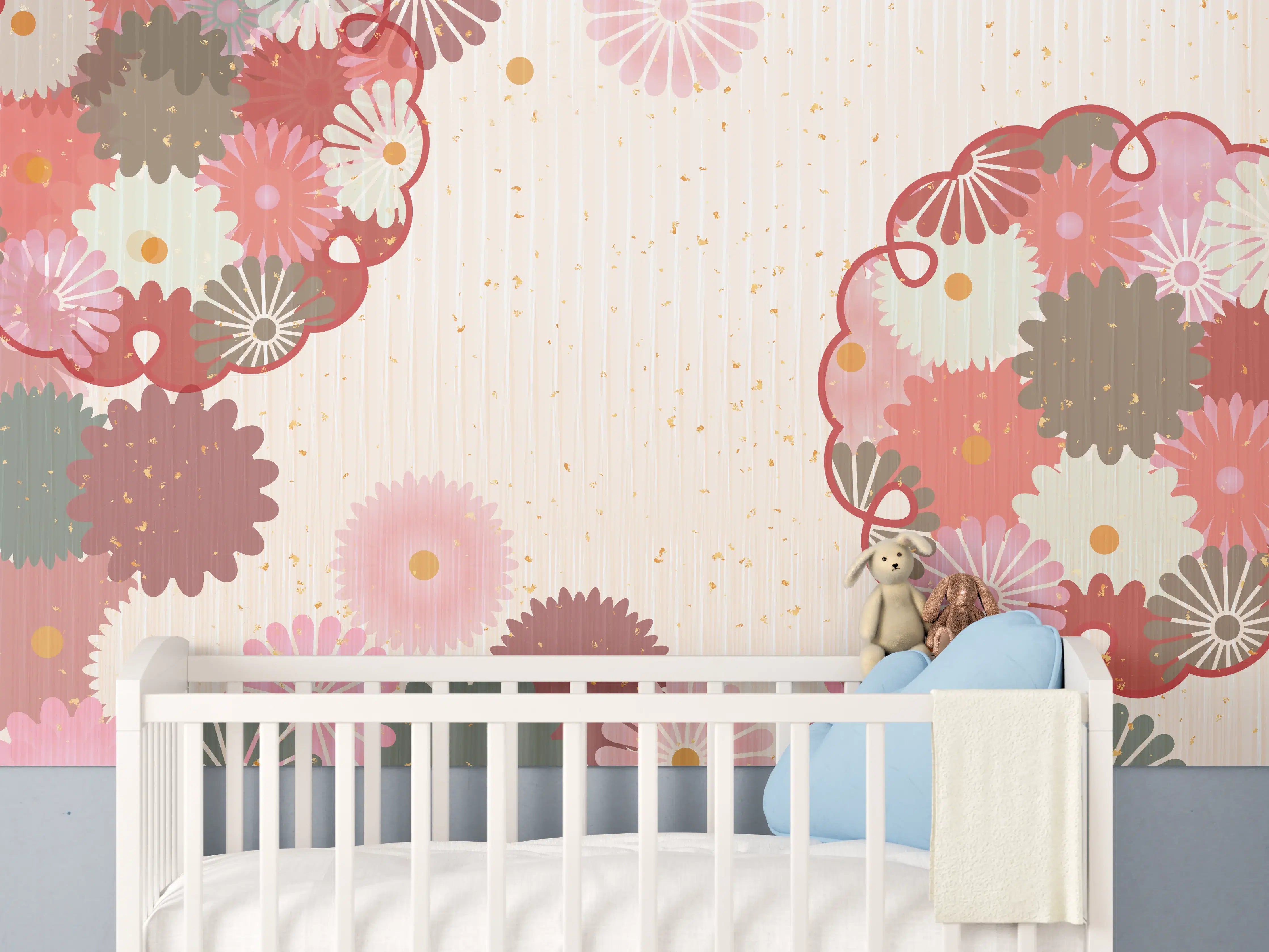 Babyzimmer Wandgestaltung - Floral Blumenmuster Beige Rot