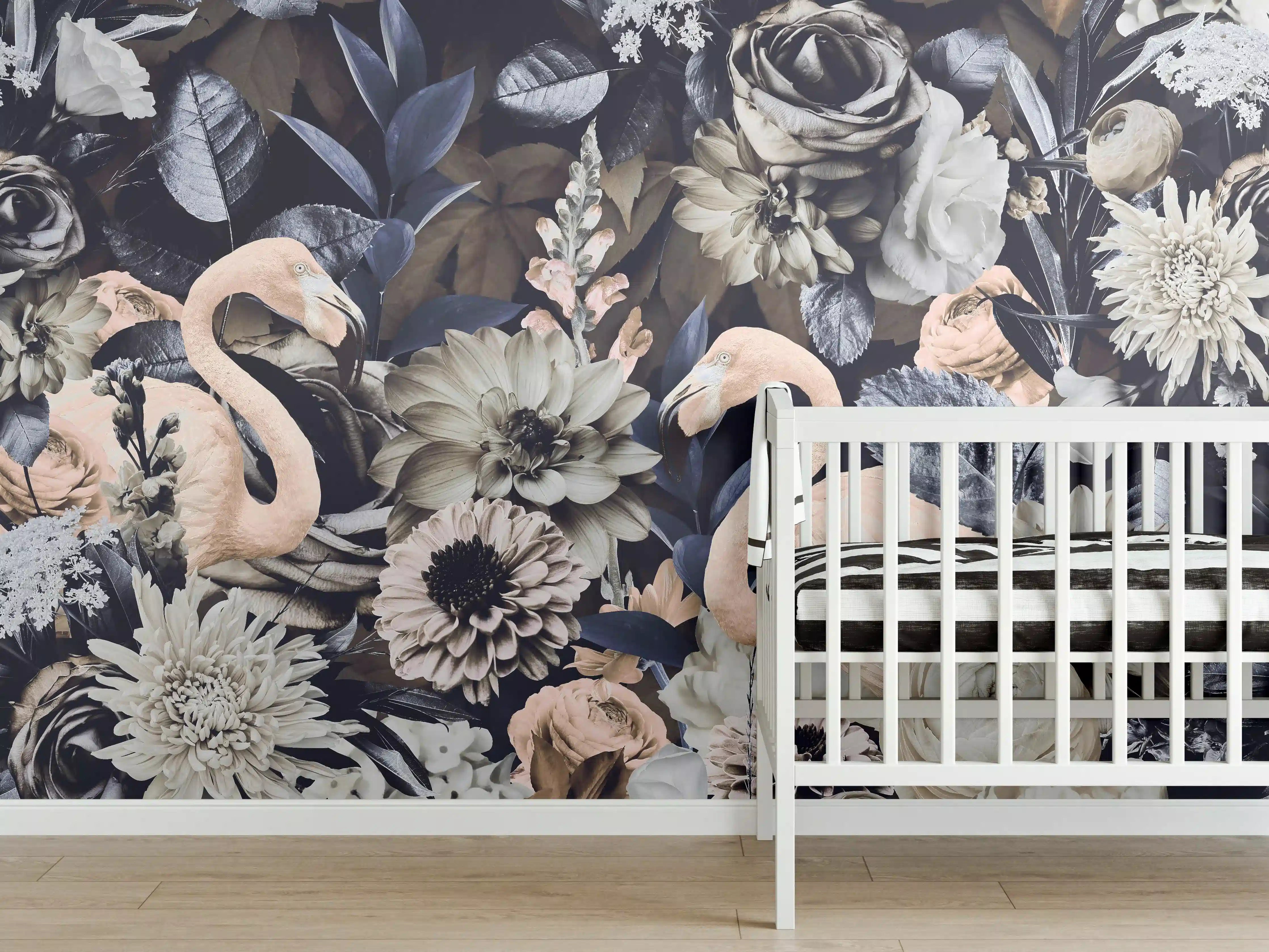 Babyzimmer Wandgestaltung - Floral-Flamingo Muster Grau-Weiß