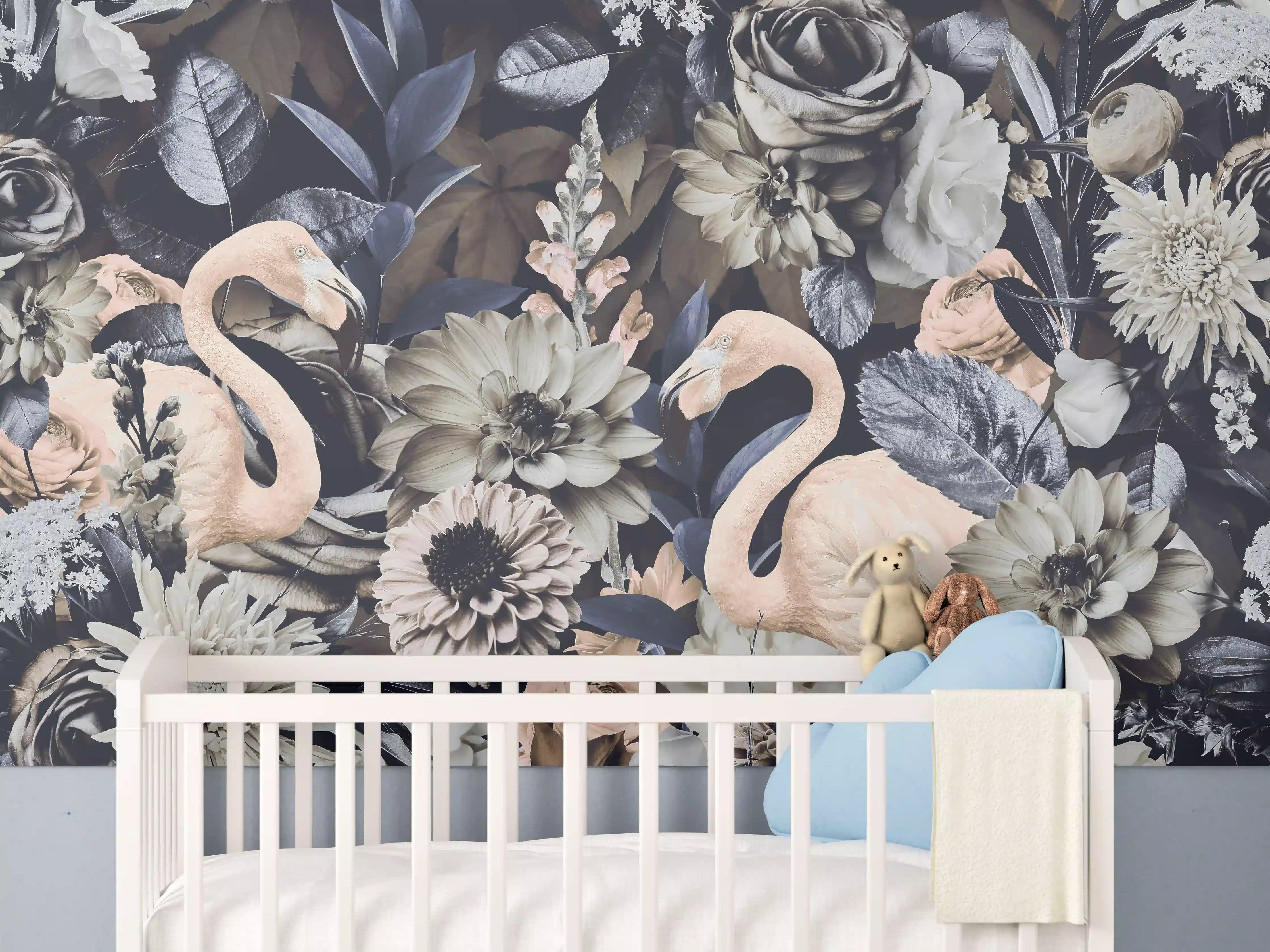 Babyzimmer Wandgestaltung - Floral-Flamingo Muster Grau-Weiß