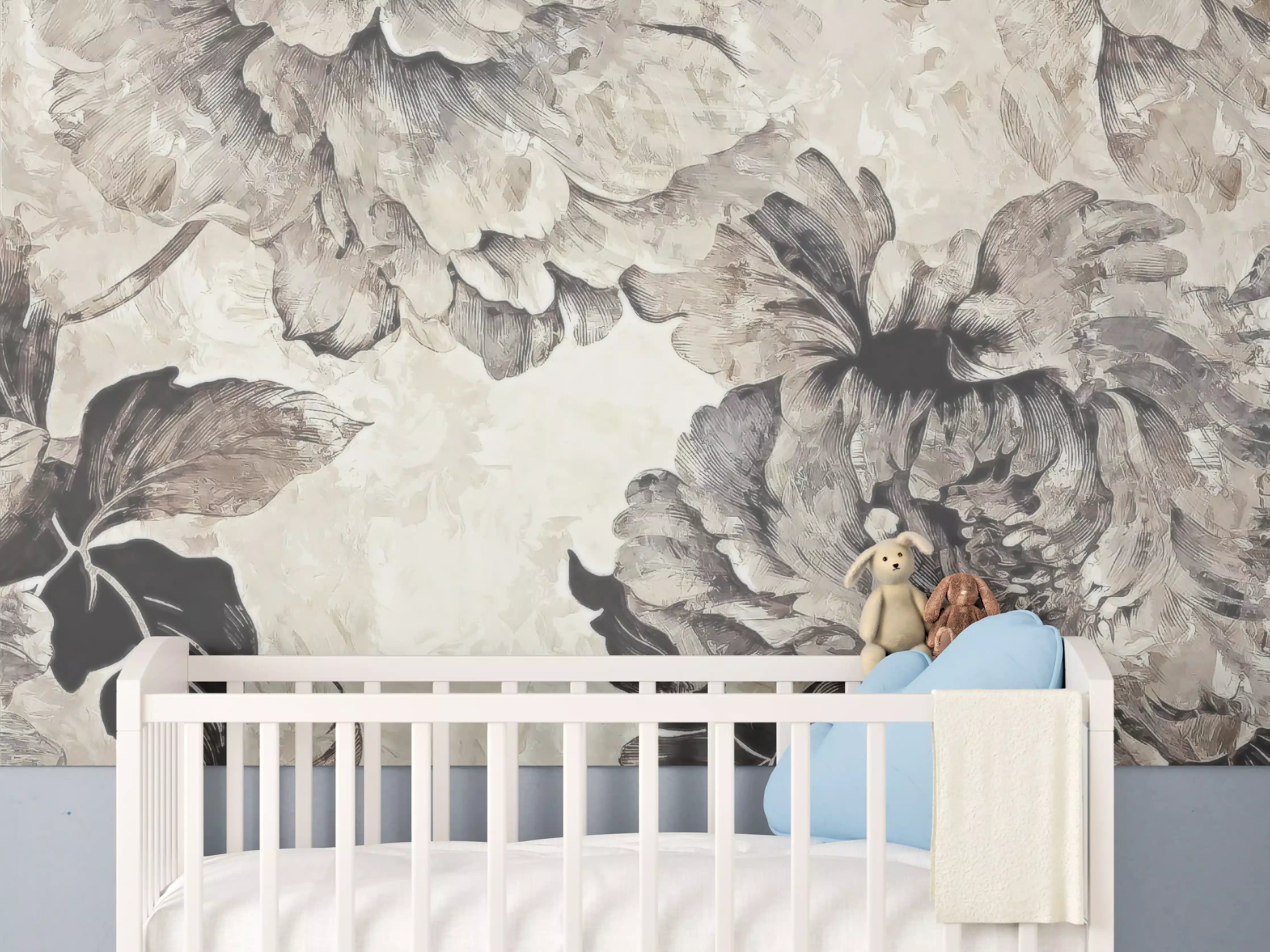 Babyzimmer Wandgestaltung - Floral Grau-Beige Kunstposter