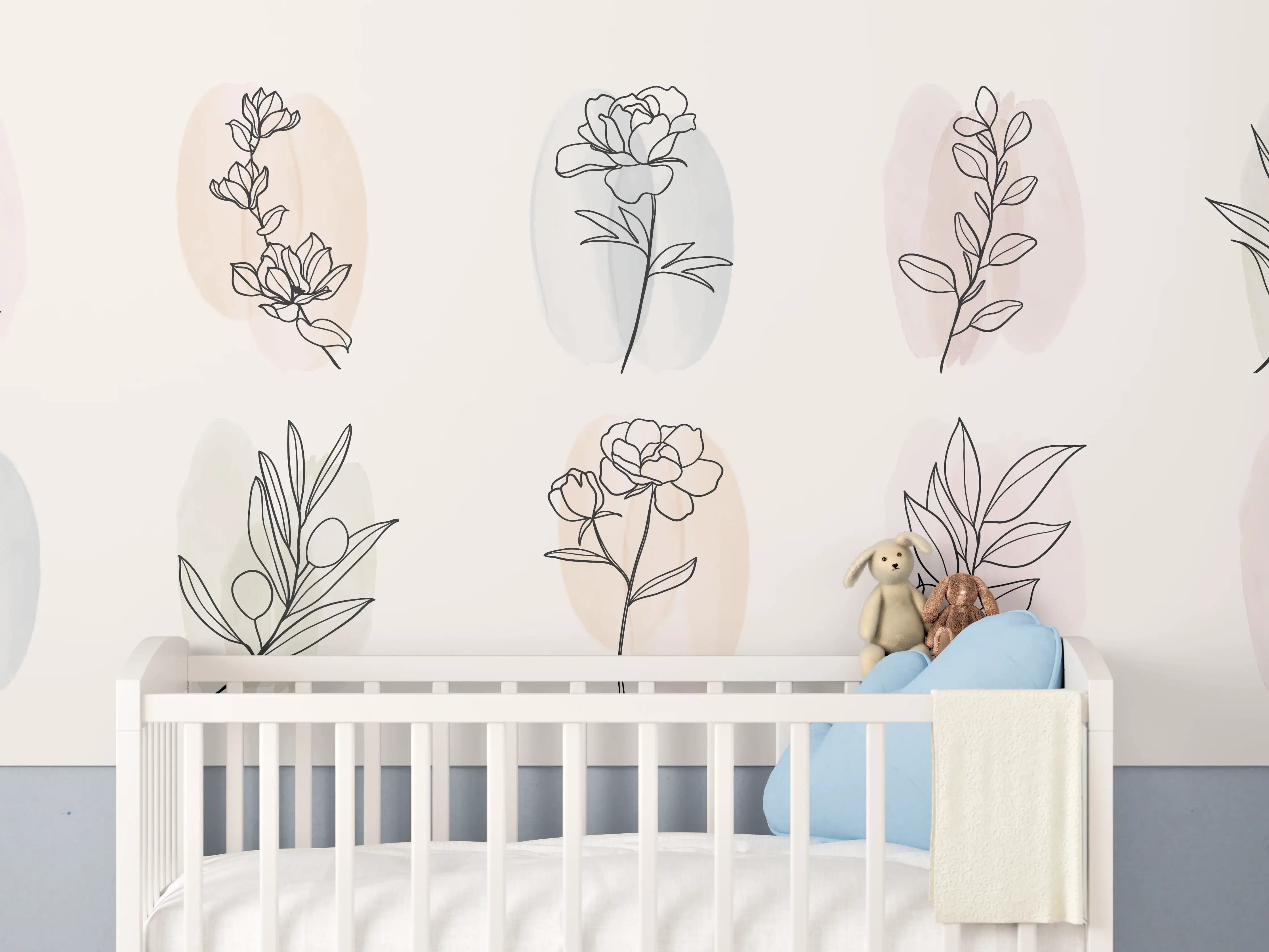 Babyzimmer Wandgestaltung - Florale Lineart Zeichnung Kollektion