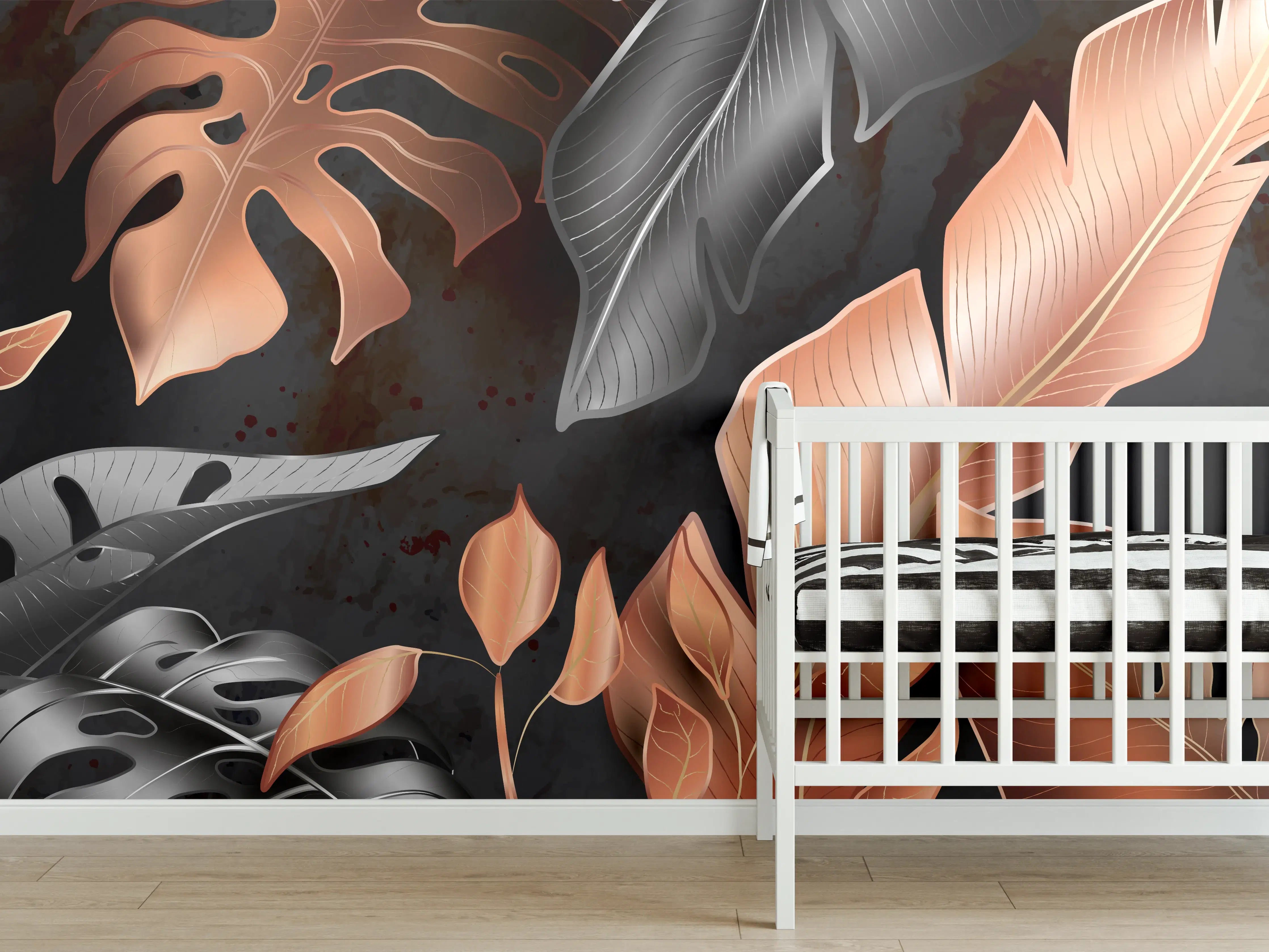 Babyzimmer Wandgestaltung - Florale Muster Schwarz Kupfer