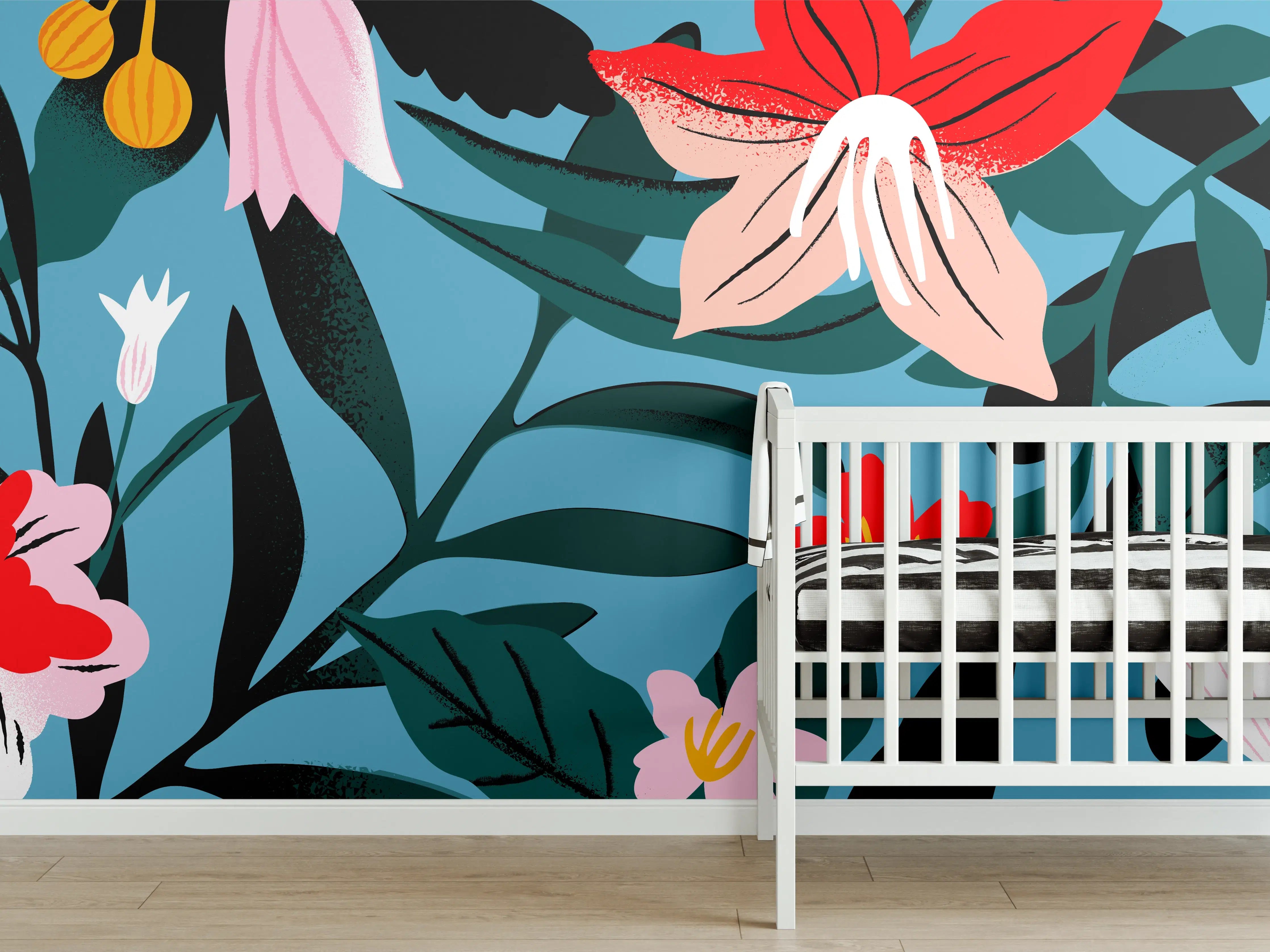 Babyzimmer Wandgestaltung - Florales Blau-Rot Muster