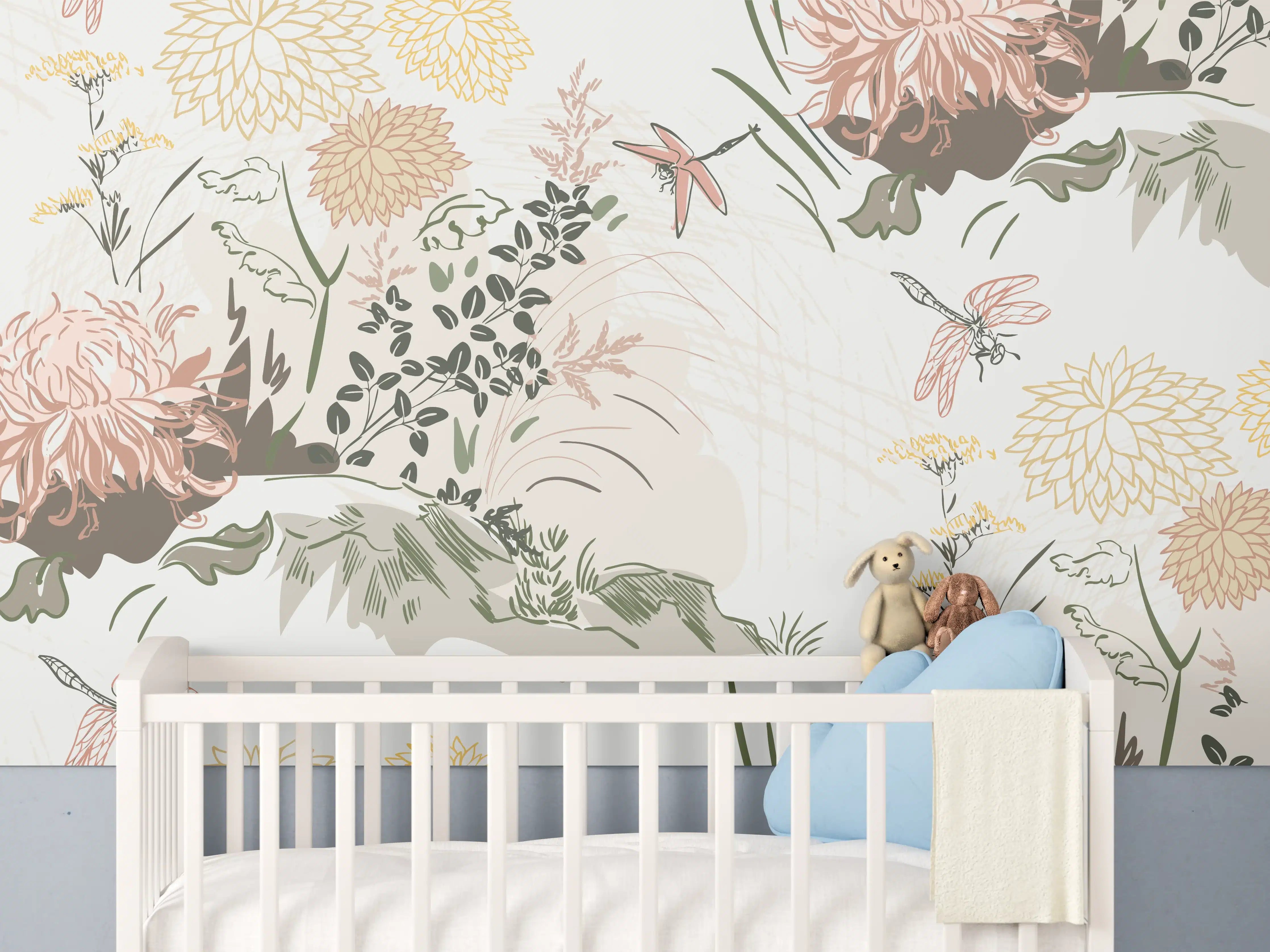 Babyzimmer Wandgestaltung - Florales Muster Beige-Grün-Rosa