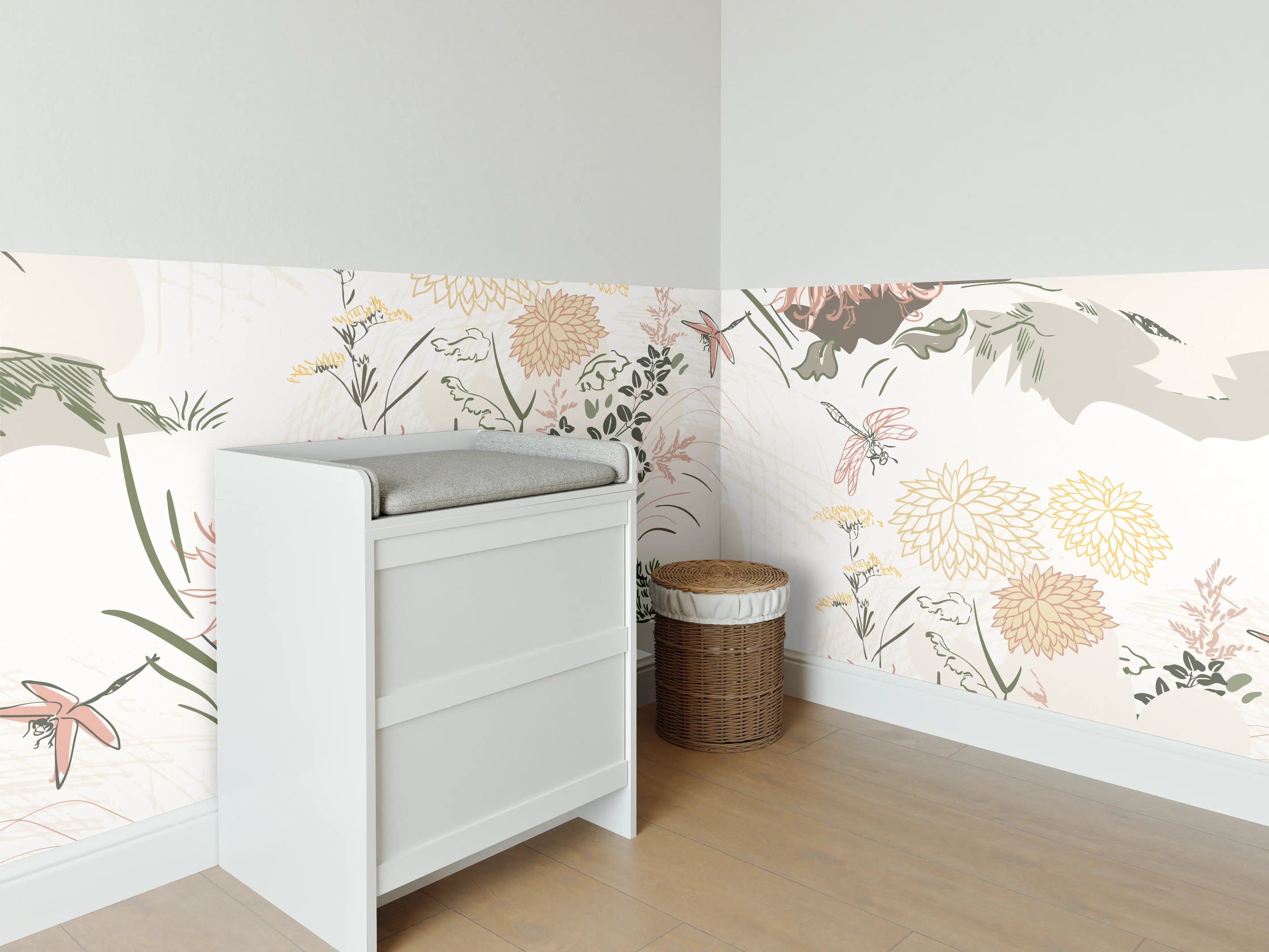 Babyzimmer Wandgestaltung - Florales Muster Beige-Grün-Rosa