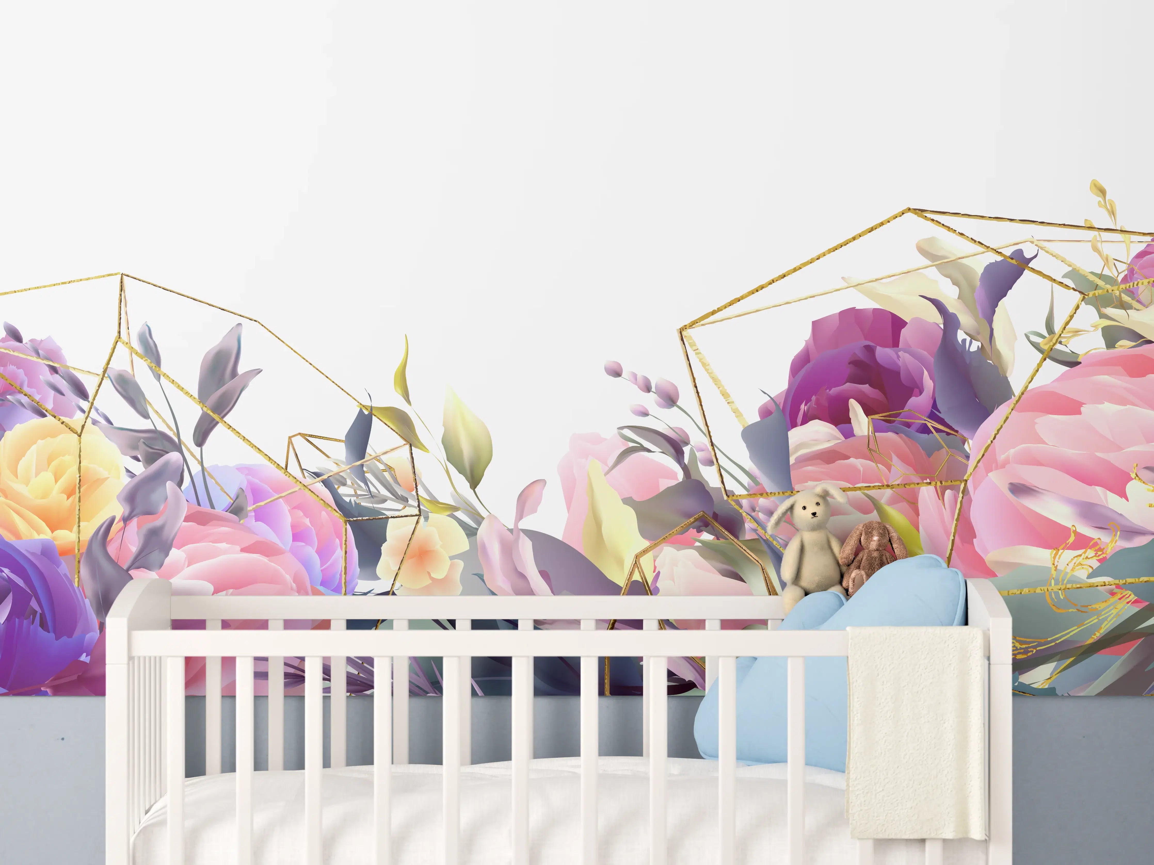 Babyzimmer Wandgestaltung - Florales Muster mit Goldakzenten