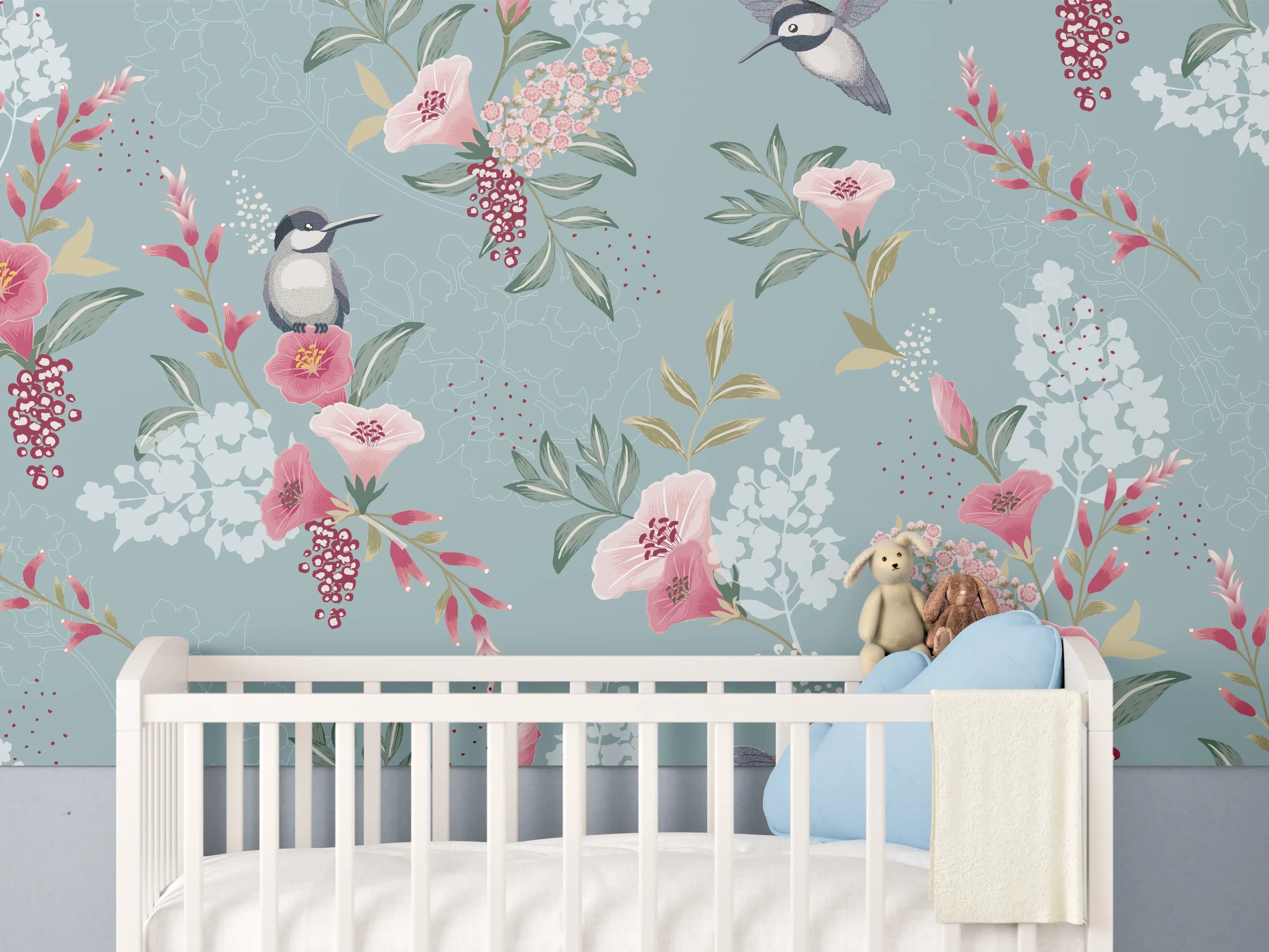 Babyzimmer Wandgestaltung - Florales Muster mit Vögeln Pastell